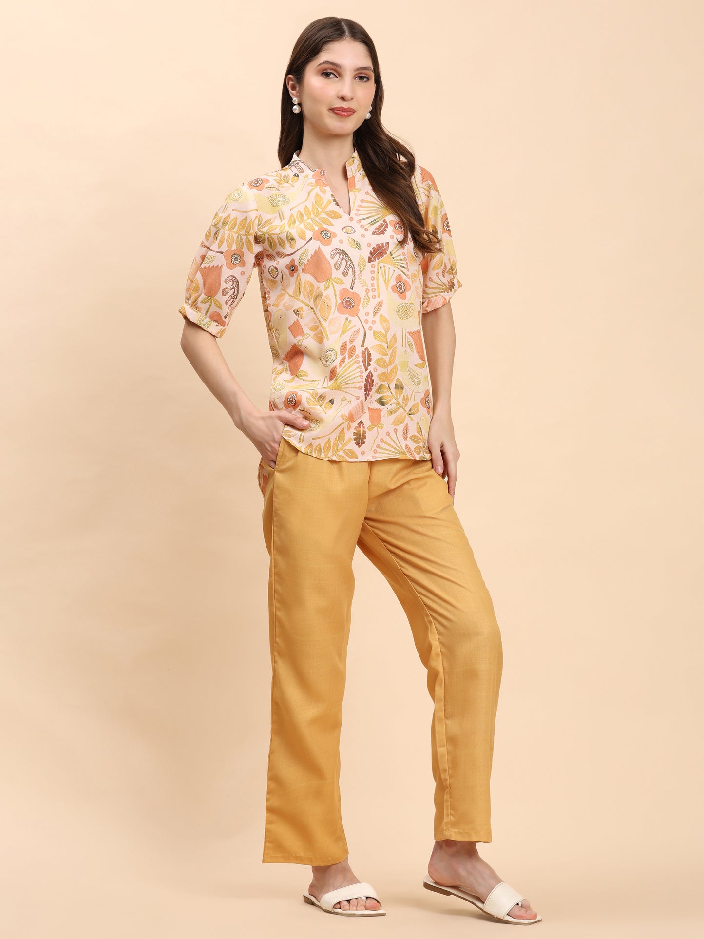 Noia Yellow Multi Abstract Floral Short Sleeve Top with Trousers
