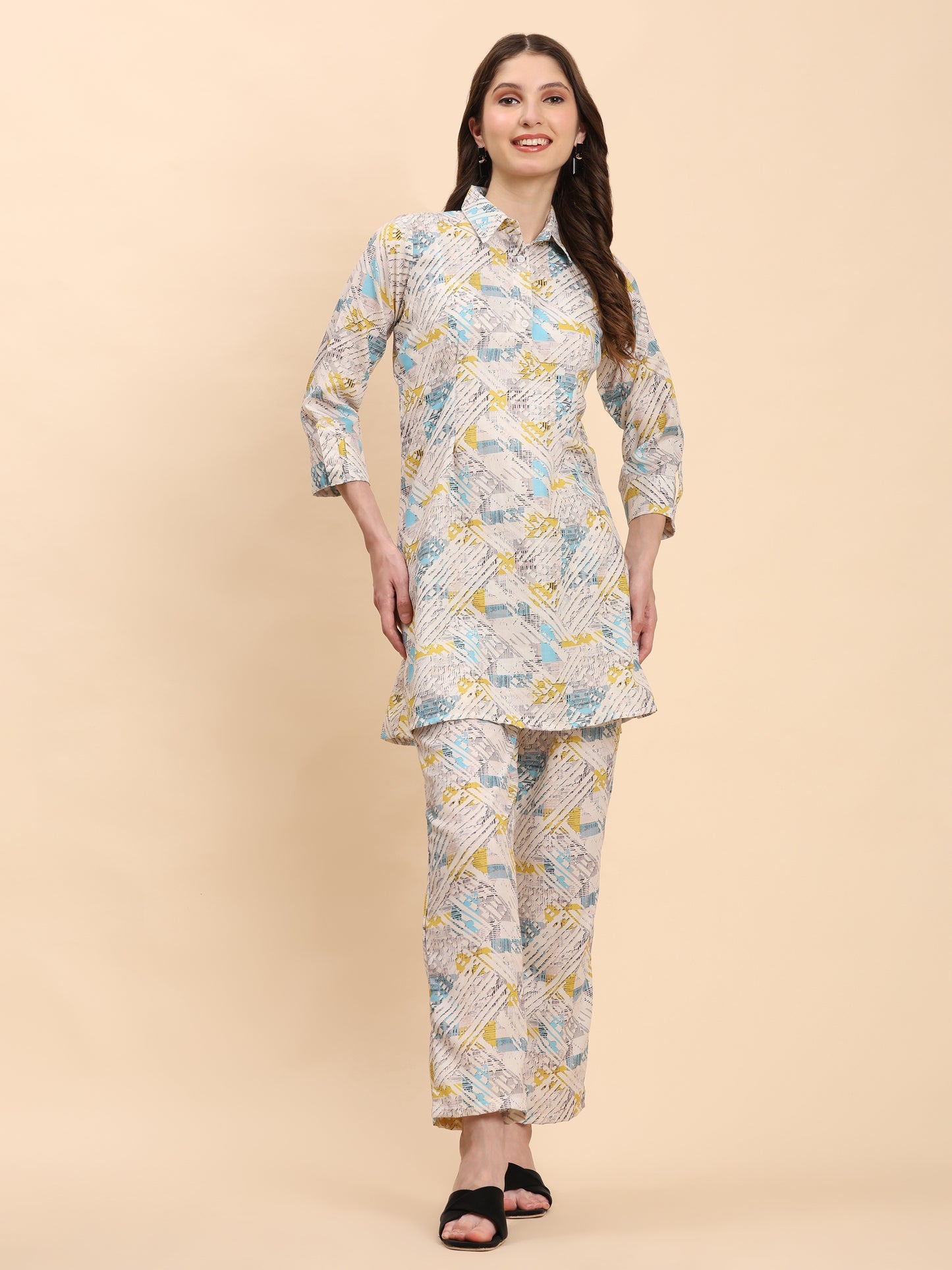 Noia White & Multi Geometric Shirt Collared Top with Trousers
