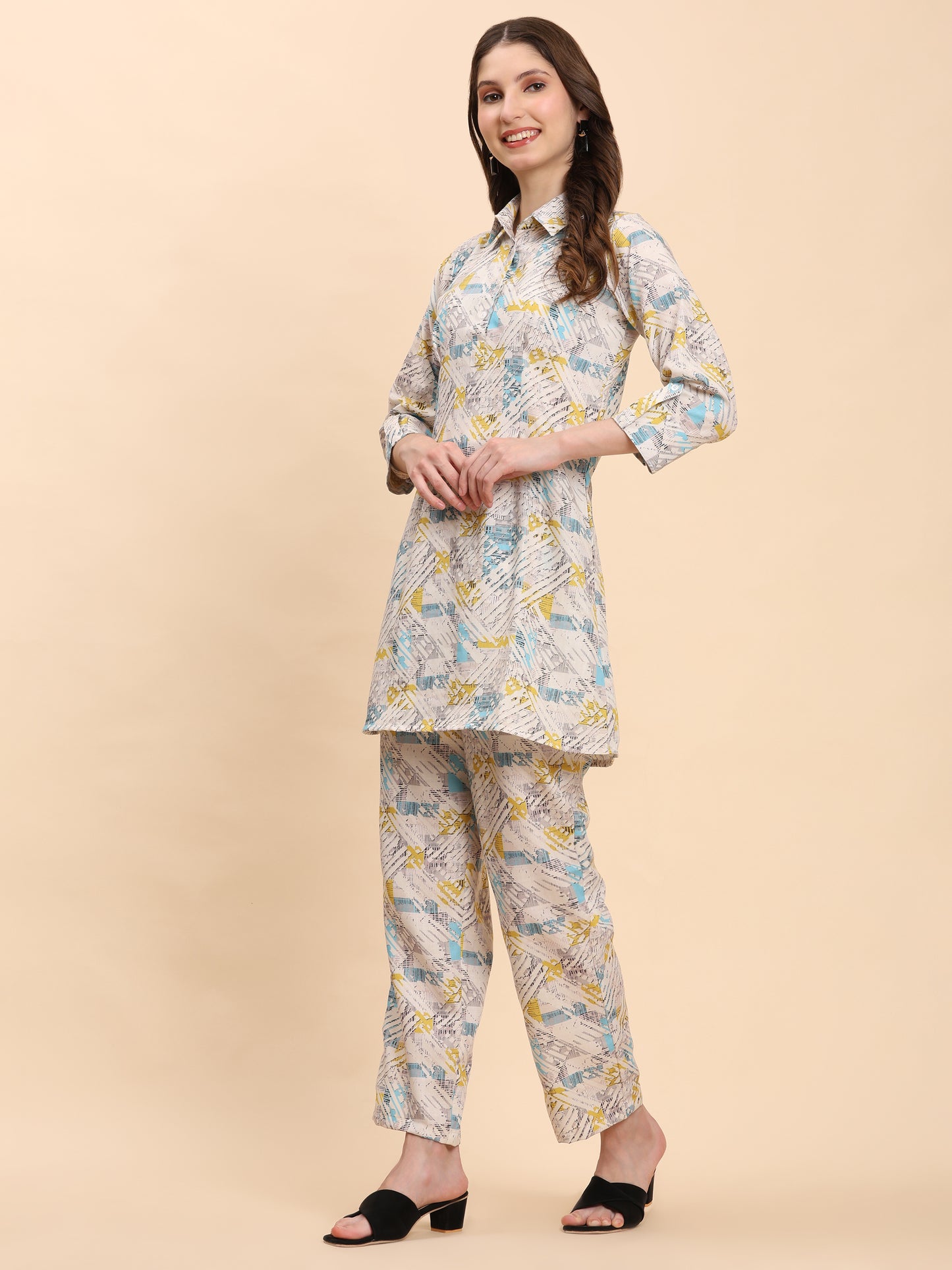 Noia White & Multi Geometric Shirt Collared Top with Trousers