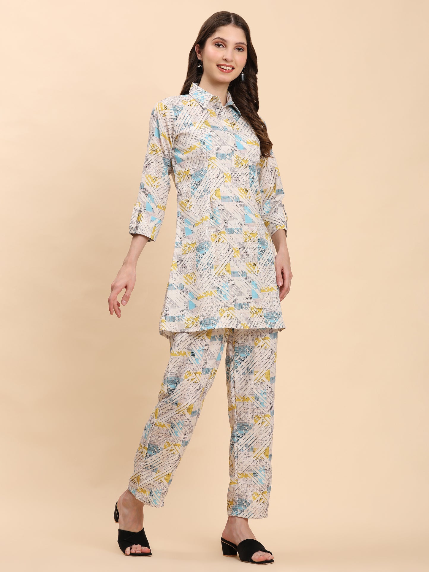 Noia White & Multi Geometric Shirt Collared Top with Trousers