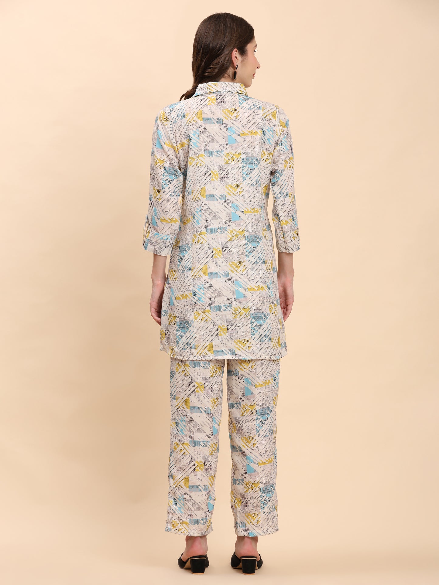 Noia White & Multi Geometric Shirt Collared Top with Trousers