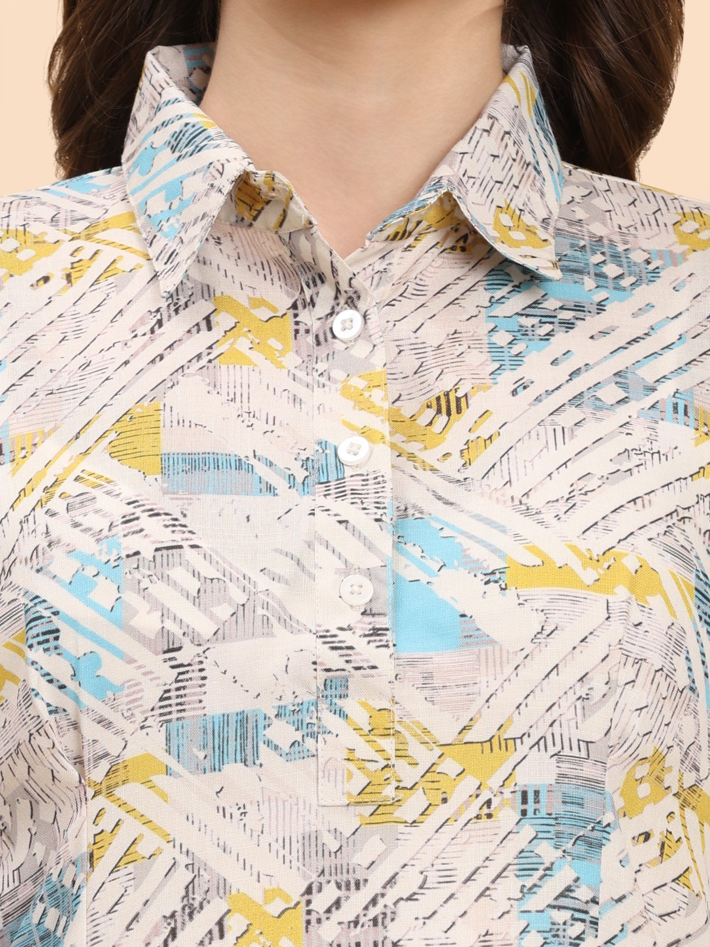 Noia White & Multi Geometric Shirt Collared Top with Trousers