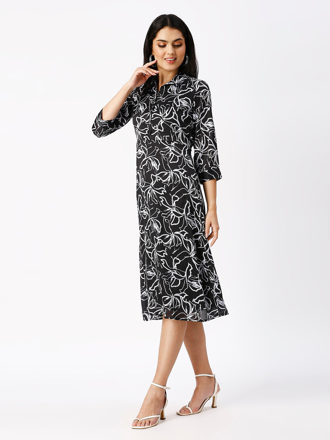 Noia Women Abstract Black Floral Midi Dress