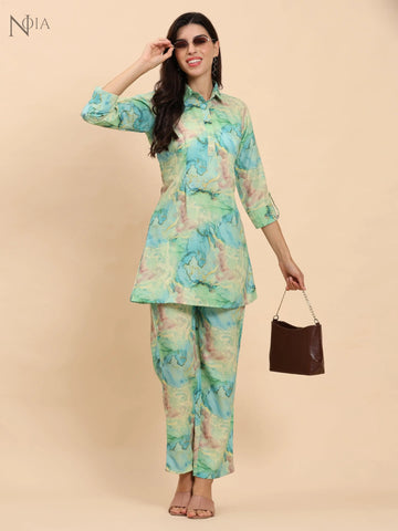 Noia Green & Gold Abstract Shirt Collared Top with Trousers Noia