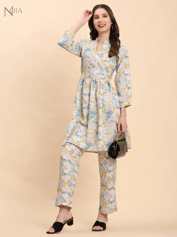 Noia White & Multi Geometric Long Sleeved V-Neck Top with Trousers Noia