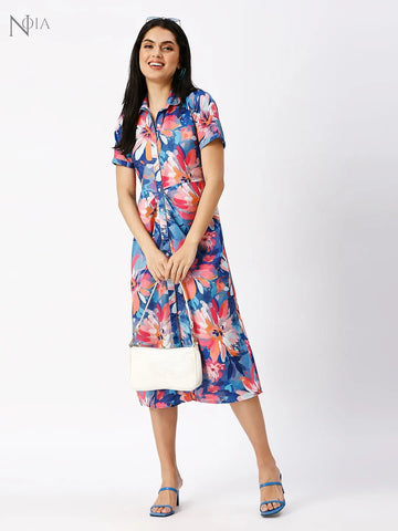 Noia Women Abstract Blue Gathered Shirt Dress Noia