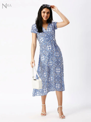 Noia Women Blue and White Floral Midi Dress Noia