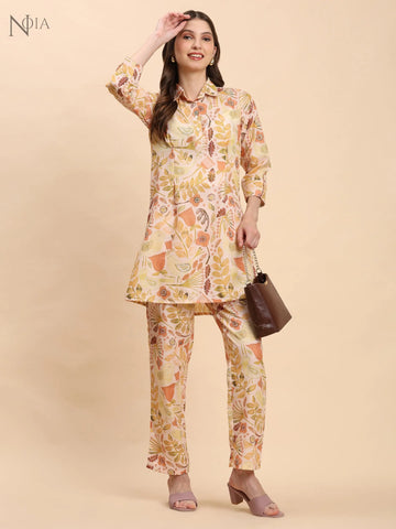 Yellow & Multi Abstract Floral Shirt Co-Ord Set – Women’s Cotton Blend Noia