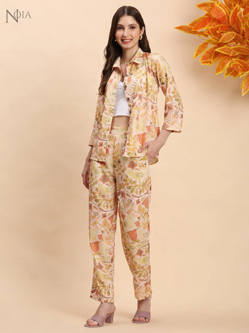Yellow & Multi Abstract Print Co-Ord Set – Shirt & Trousers Noia