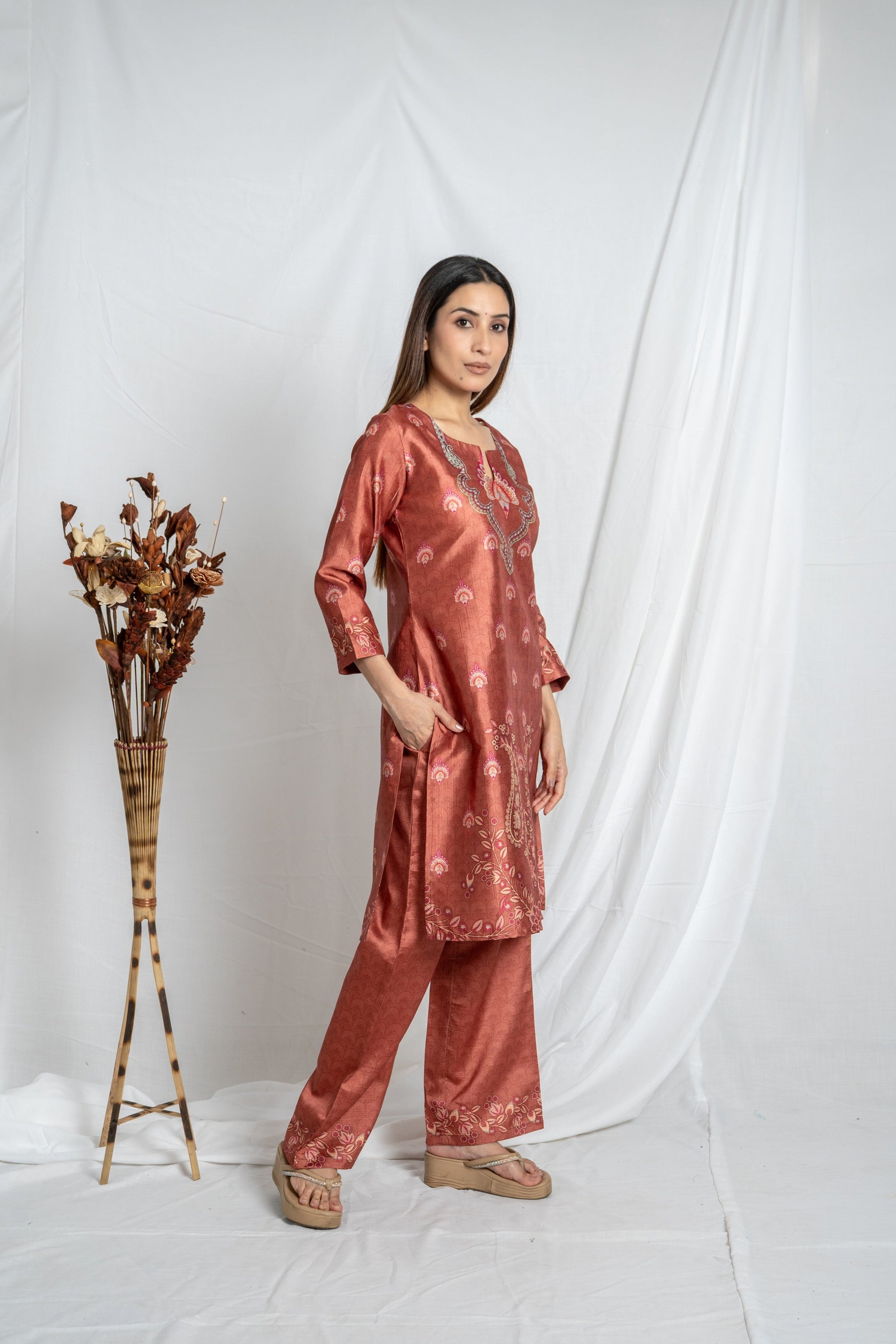 Rust Keyhole Neck Premium Co-Ord Set for Women | Kanika Collection Noia