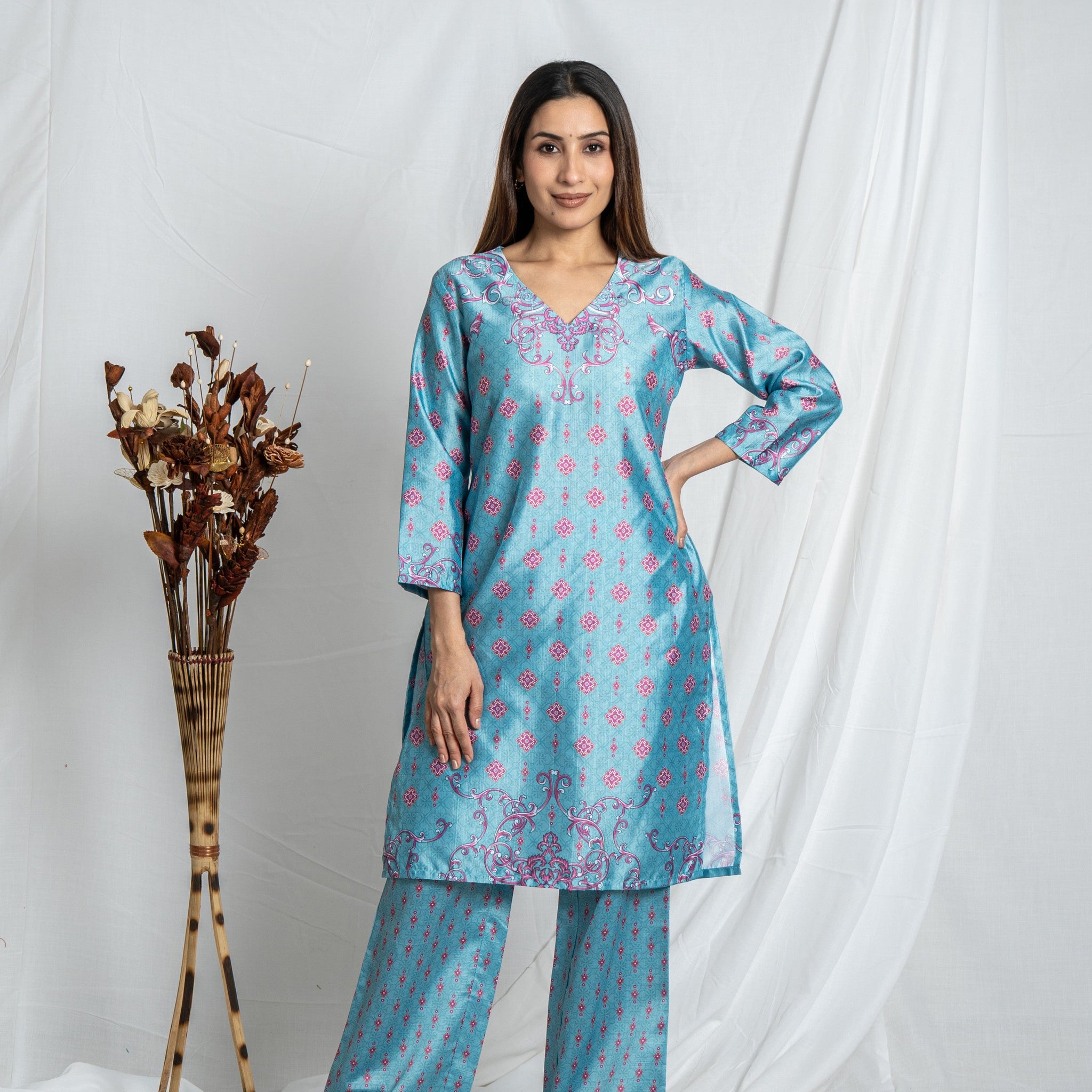 Powder Blue V-Neck Kanika Co-Ord Set for Women | Kanika Collection Noia