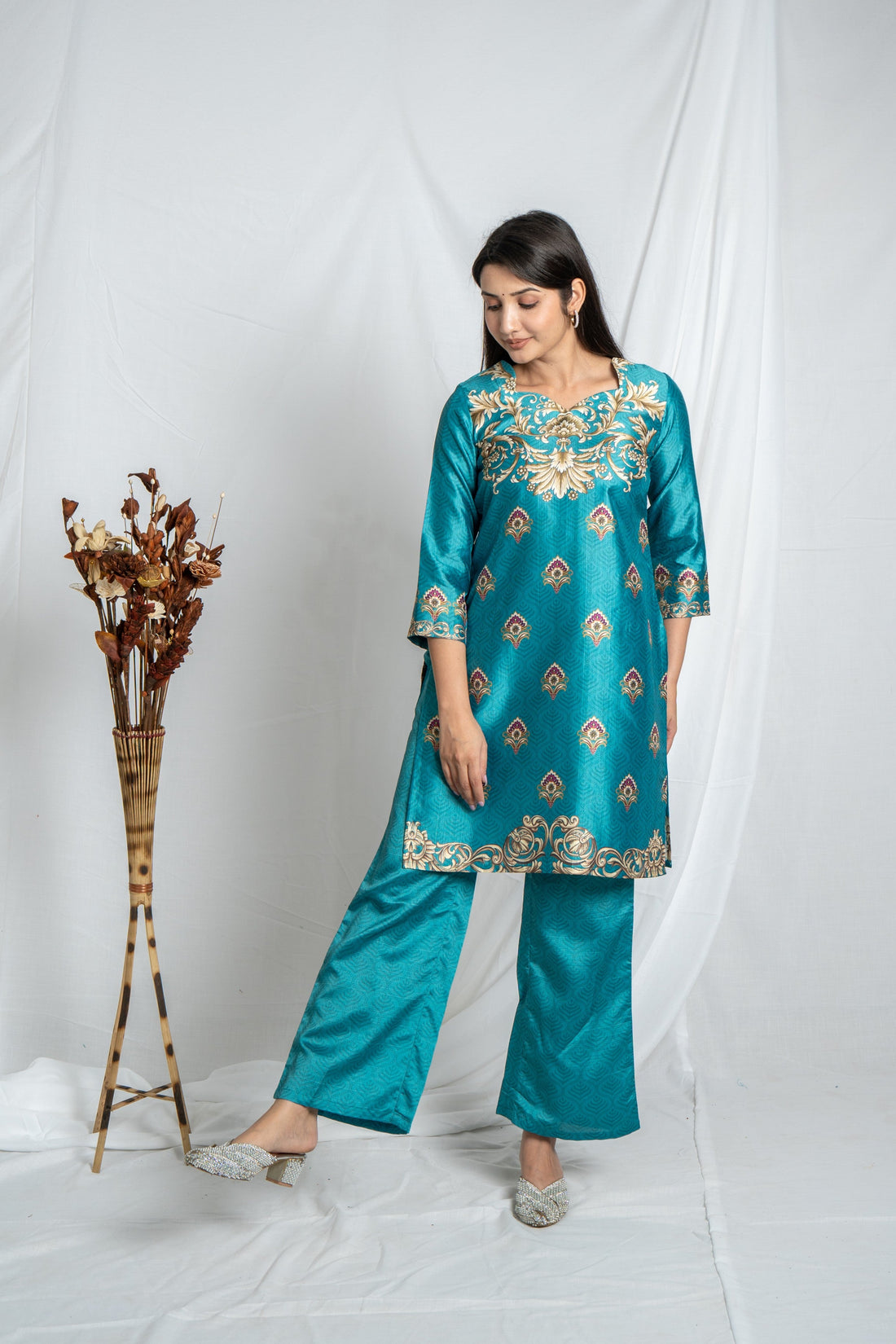 Sea Green Sweetheart Neck Poly Vatican Co-ord Set – Elegant 3/4 Sleeve Straight Fit Noia