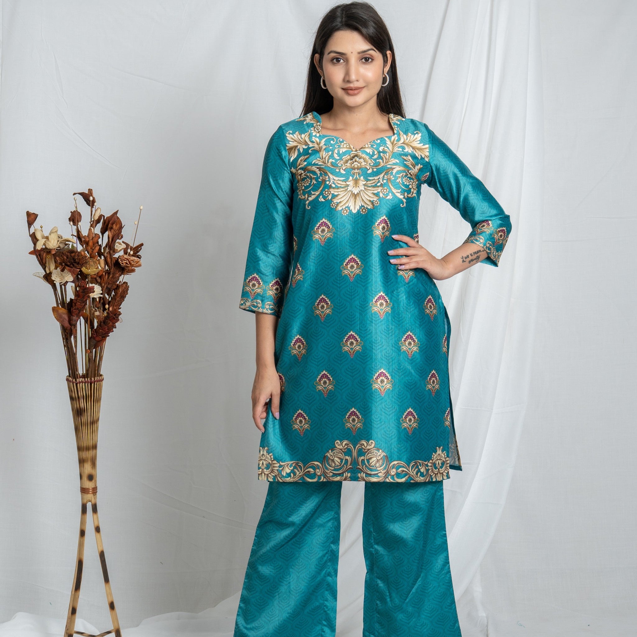Sea Green Sweetheart Neck Poly Vatican Co-ord Set – Elegant 3/4 Sleeve Straight Fit Noia