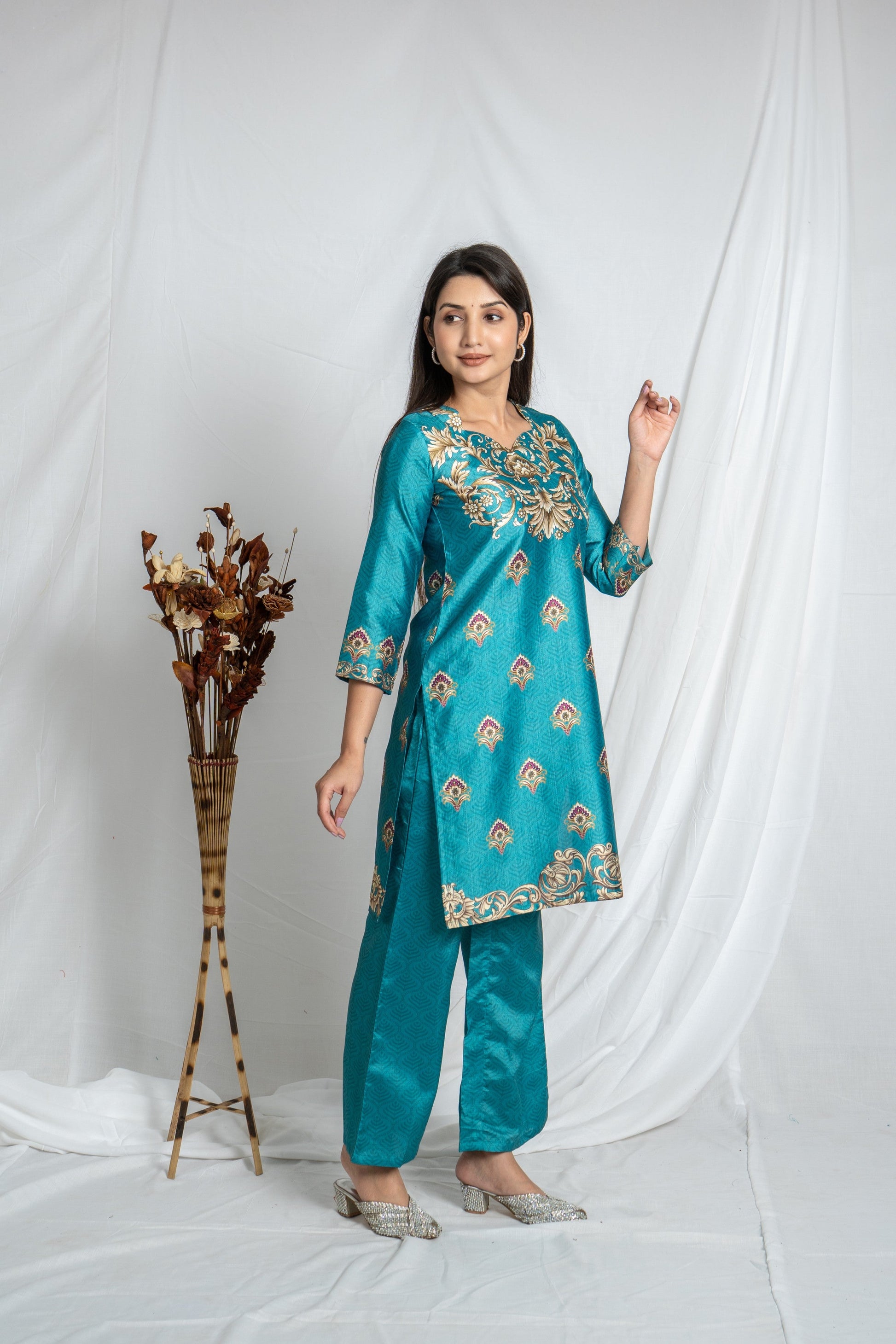 Sea Green Sweetheart Neck Poly Vatican Co-ord Set – Elegant 3/4 Sleeve Straight Fit Noia