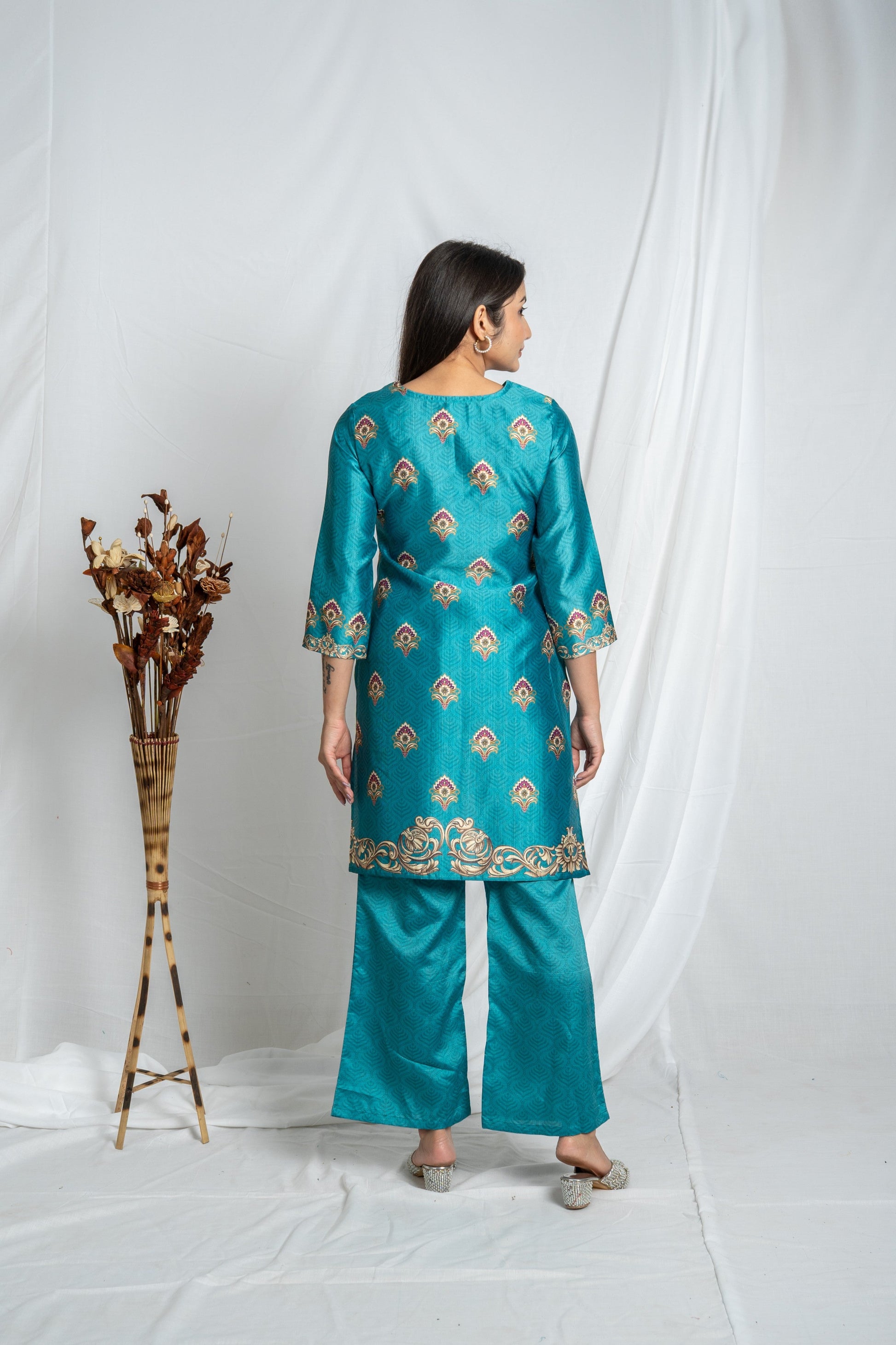 Sea Green Sweetheart Neck Poly Vatican Co-ord Set – Elegant 3/4 Sleeve Straight Fit Noia