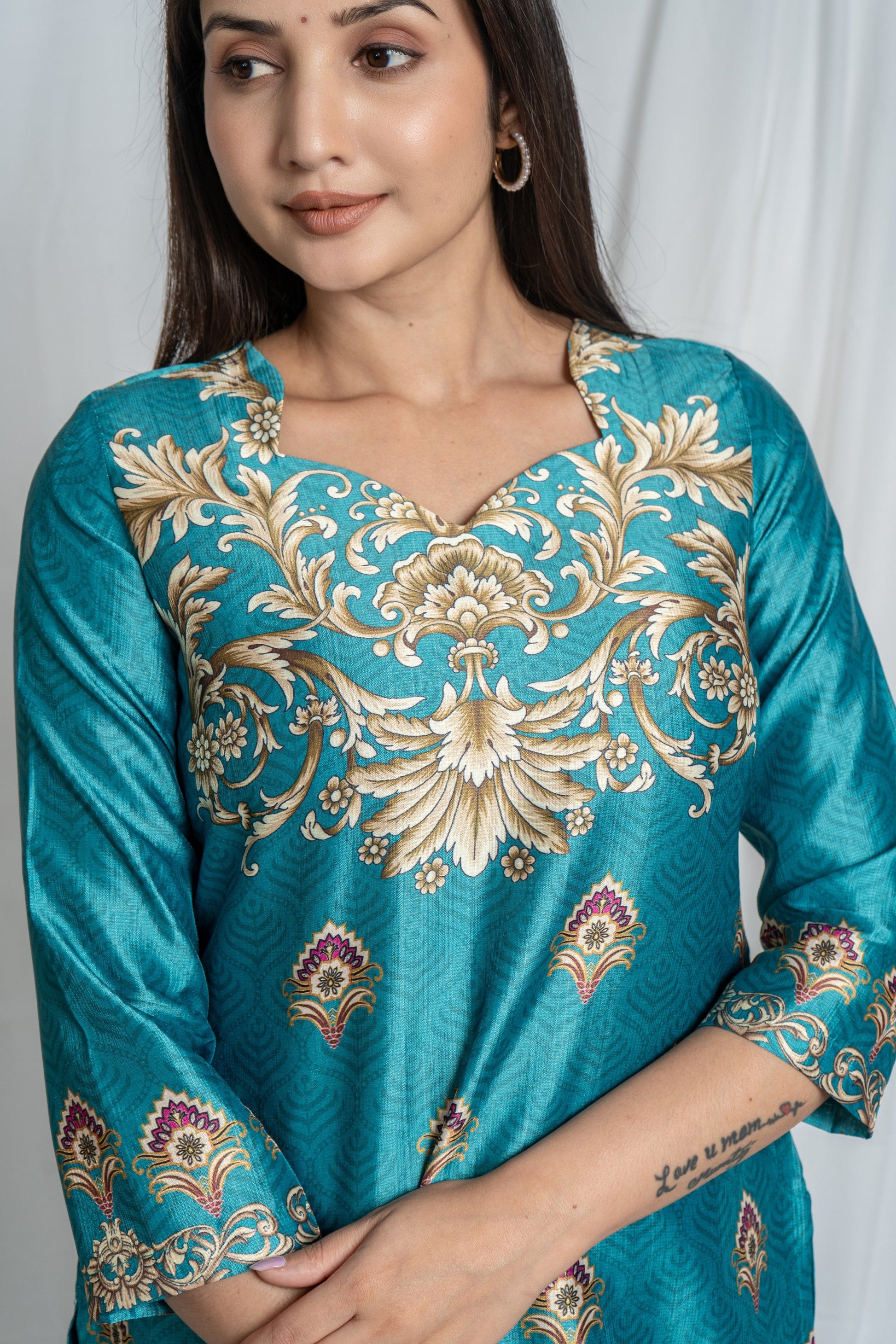 Sea Green Sweetheart Neck Poly Vatican Co-ord Set – Elegant 3/4 Sleeve Straight Fit Noia