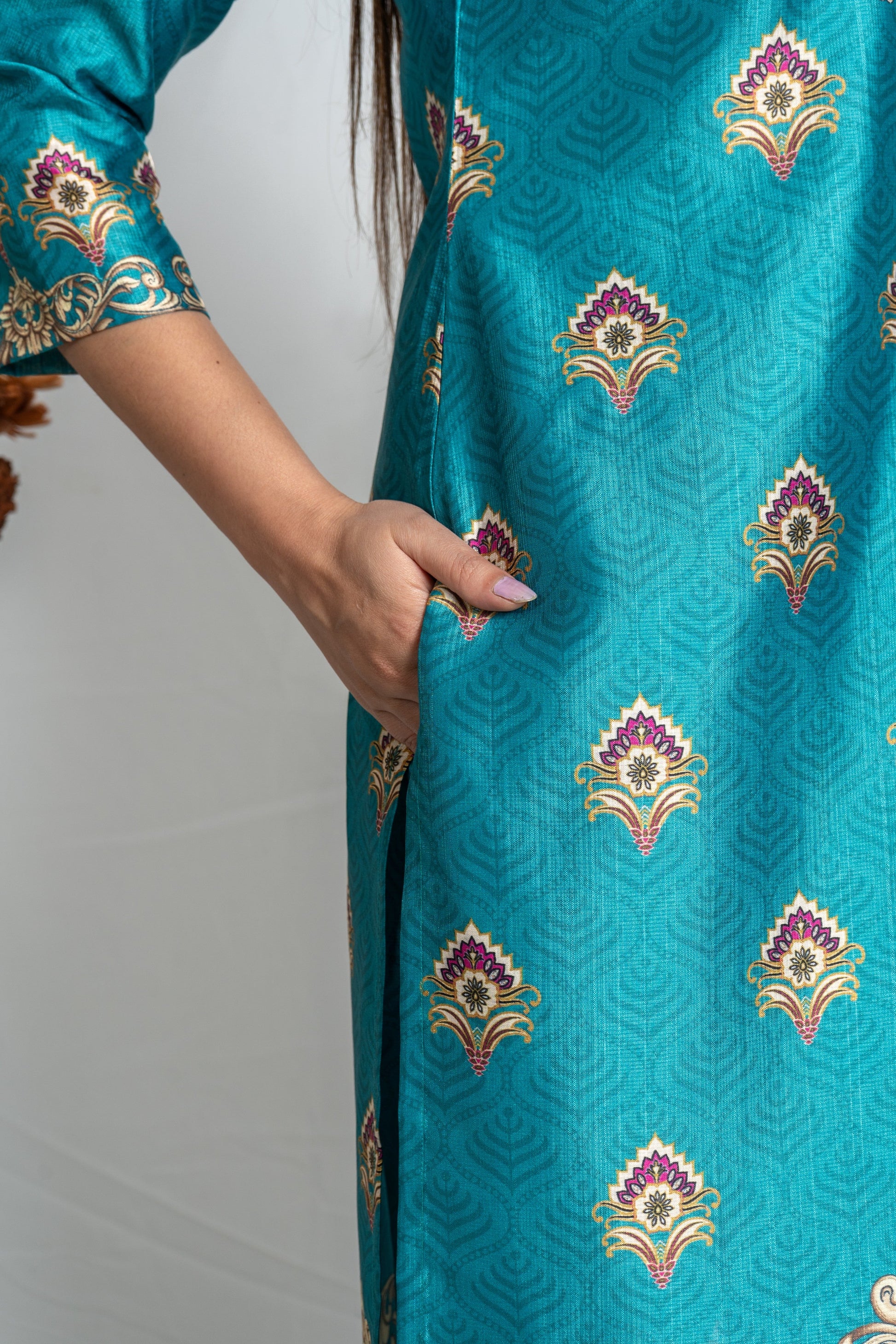 Sea Green Sweetheart Neck Poly Vatican Co-ord Set – Elegant 3/4 Sleeve Straight Fit Noia