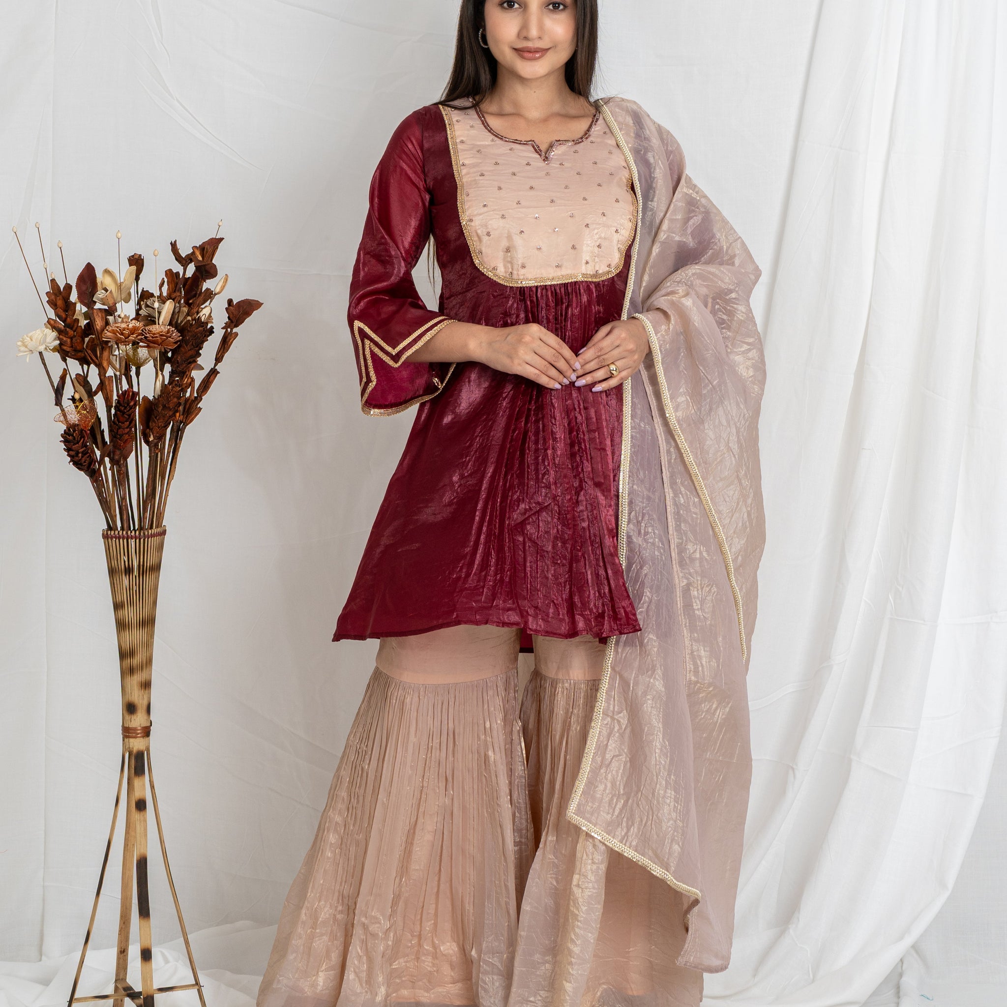 Malika Wine Sharara Set  & Cream Gold Crush with Embroidered Yoke Noia