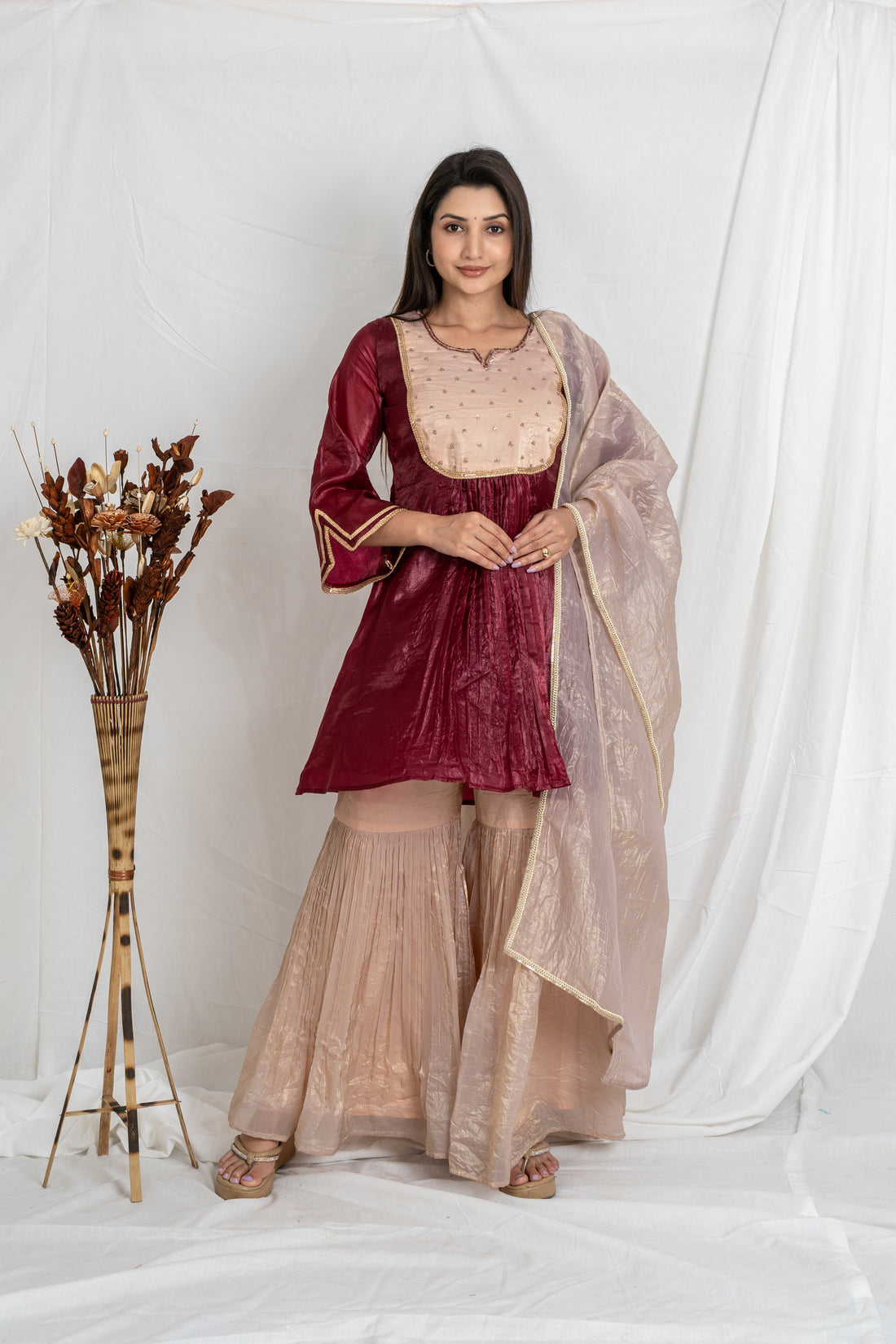 Malika Wine Sharara Set  & Cream Gold Crush with Embroidered Yoke Noia