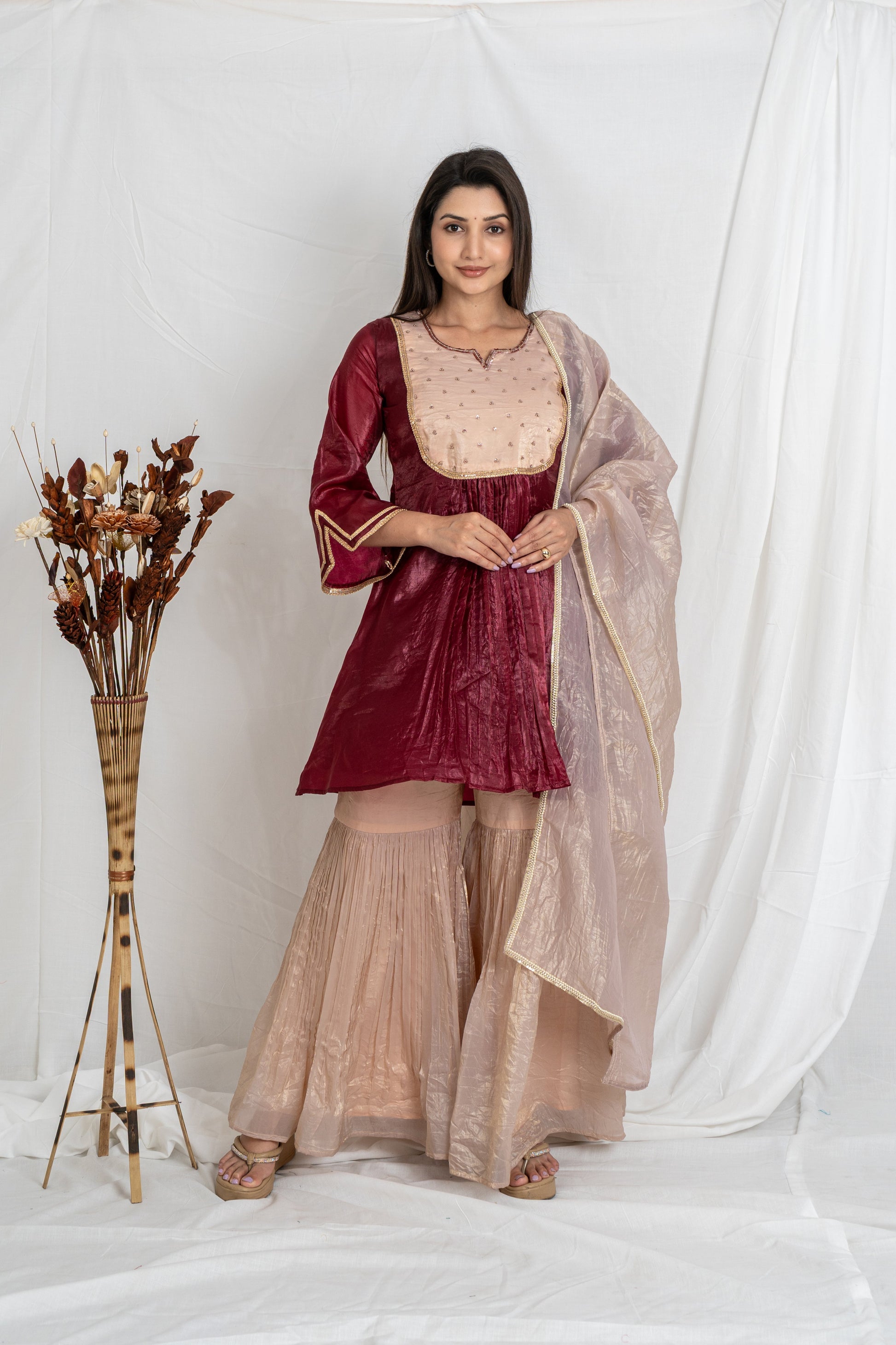 Malika Wine Sharara Set  & Cream Gold Crush with Embroidered Yoke Noia