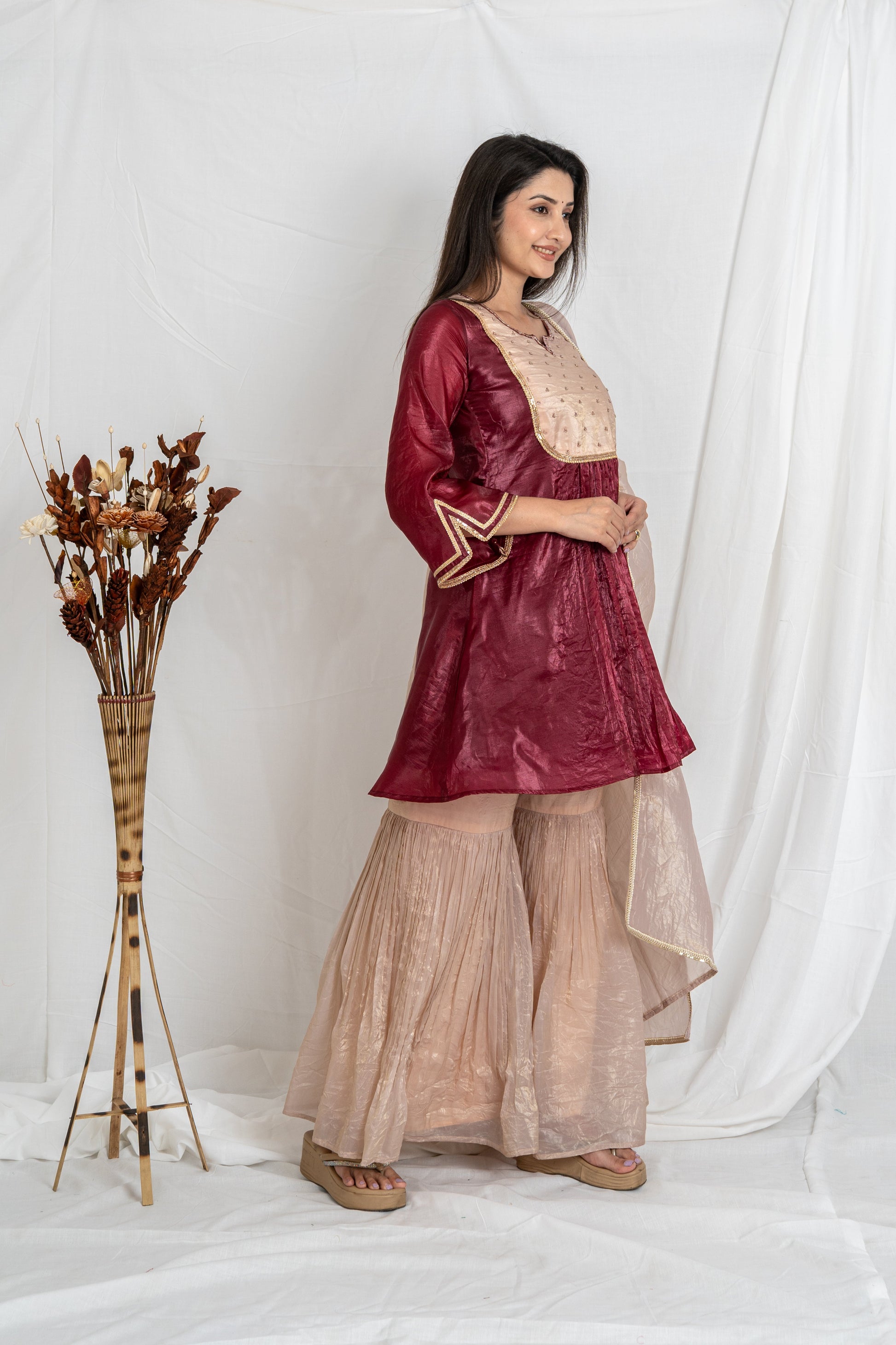 Malika Wine Sharara Set  & Cream Gold Crush with Embroidered Yoke Noia