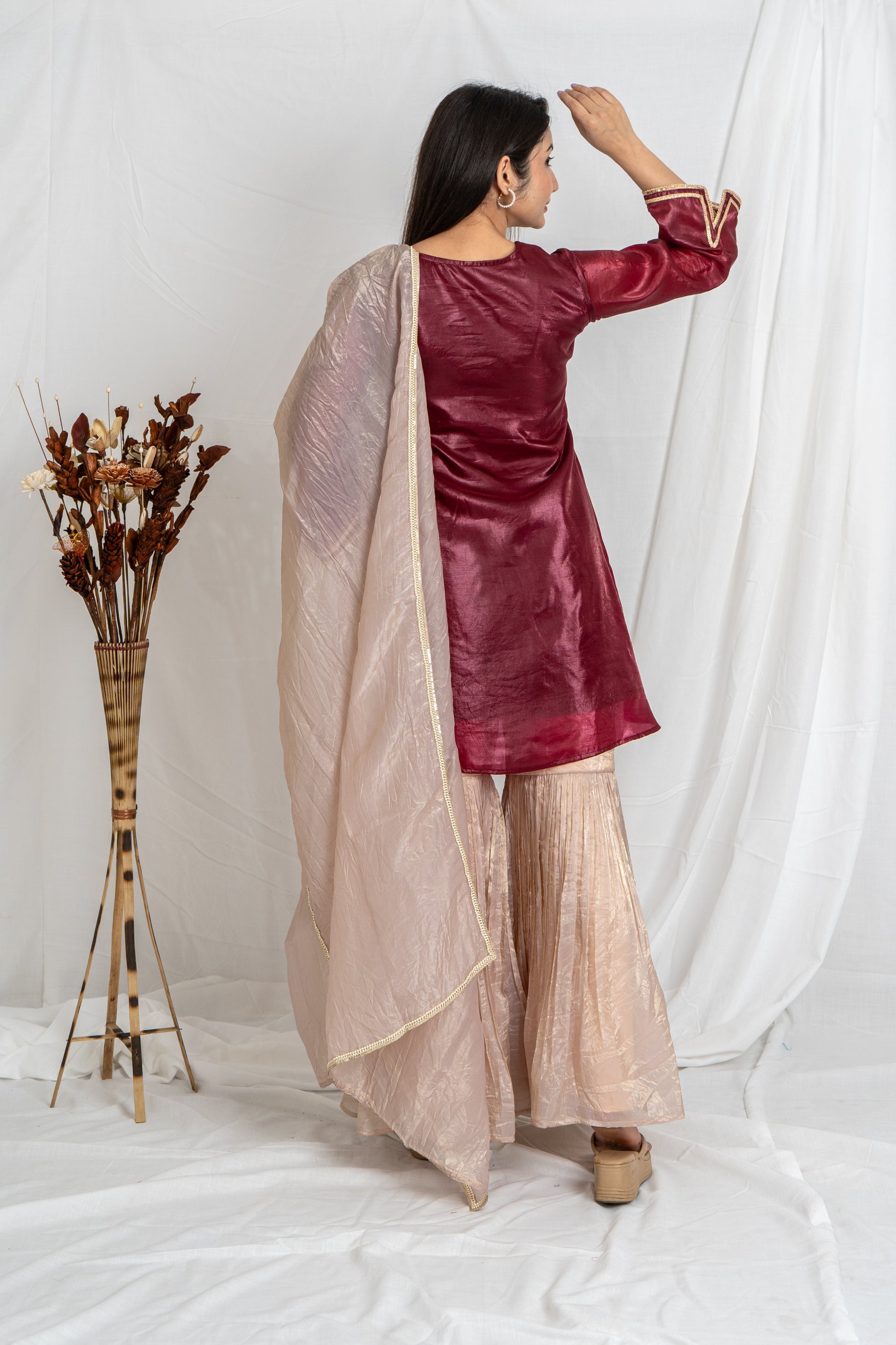Malika Wine Sharara Set  & Cream Gold Crush with Embroidered Yoke Noia
