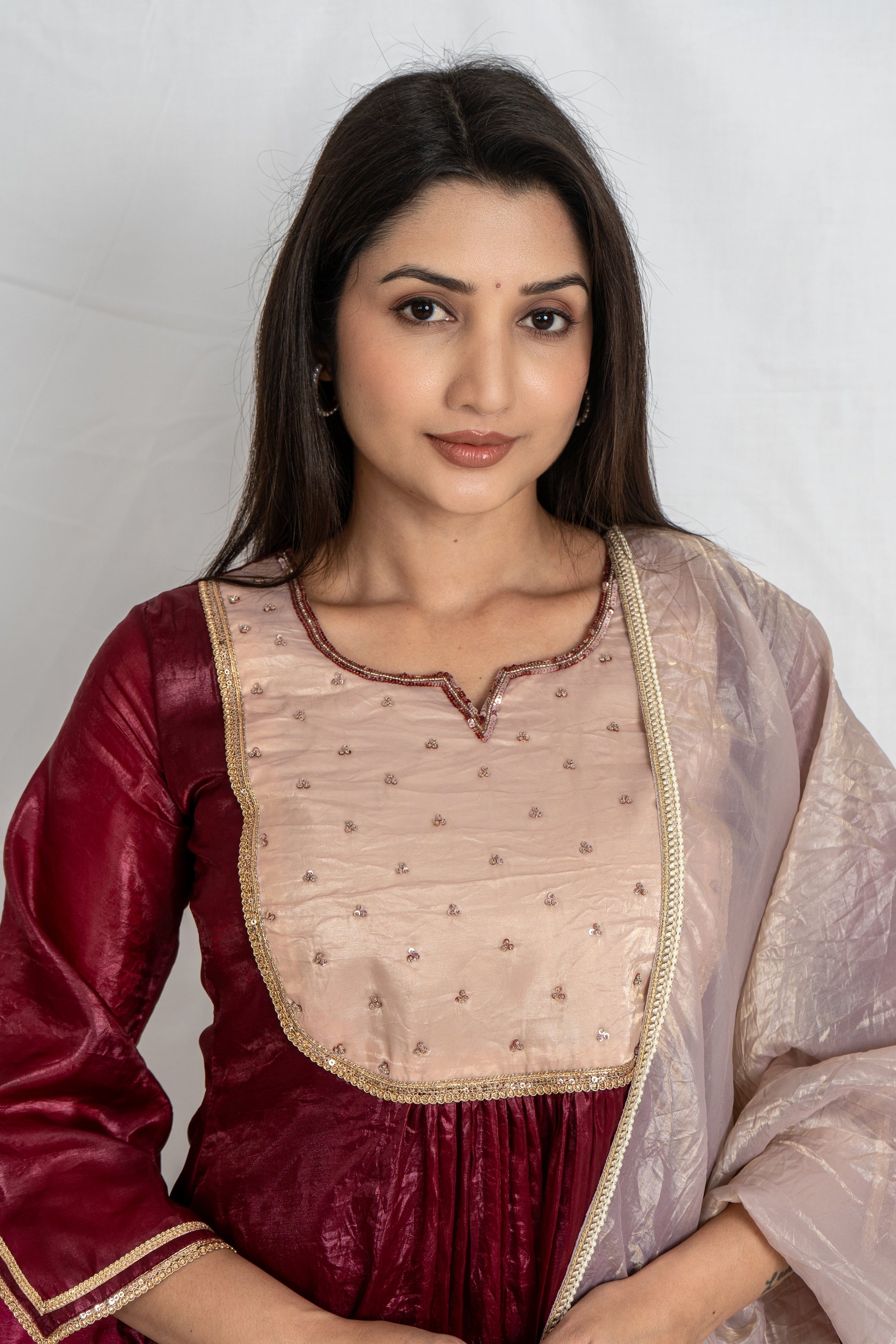 Malika Wine Sharara Set  & Cream Gold Crush with Embroidered Yoke Noia