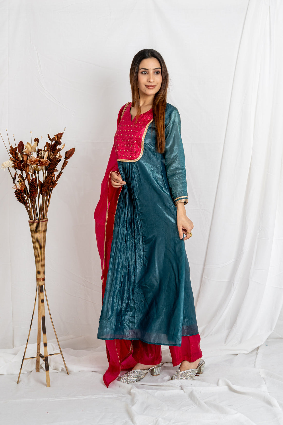Malika Blue & Pink Gold Crush Top Bottom Dupatta Set for Women | Ethnic Festive Wear Noia
