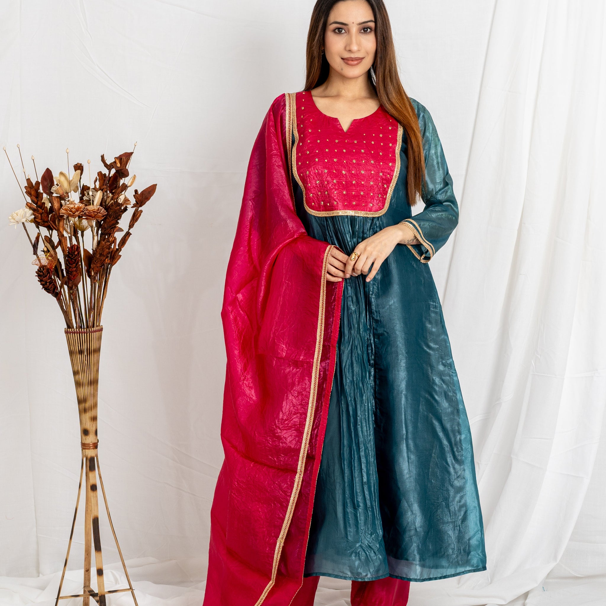 Malika Blue & Pink Gold Crush Top Bottom Dupatta Set for Women | Ethnic Festive Wear Noia