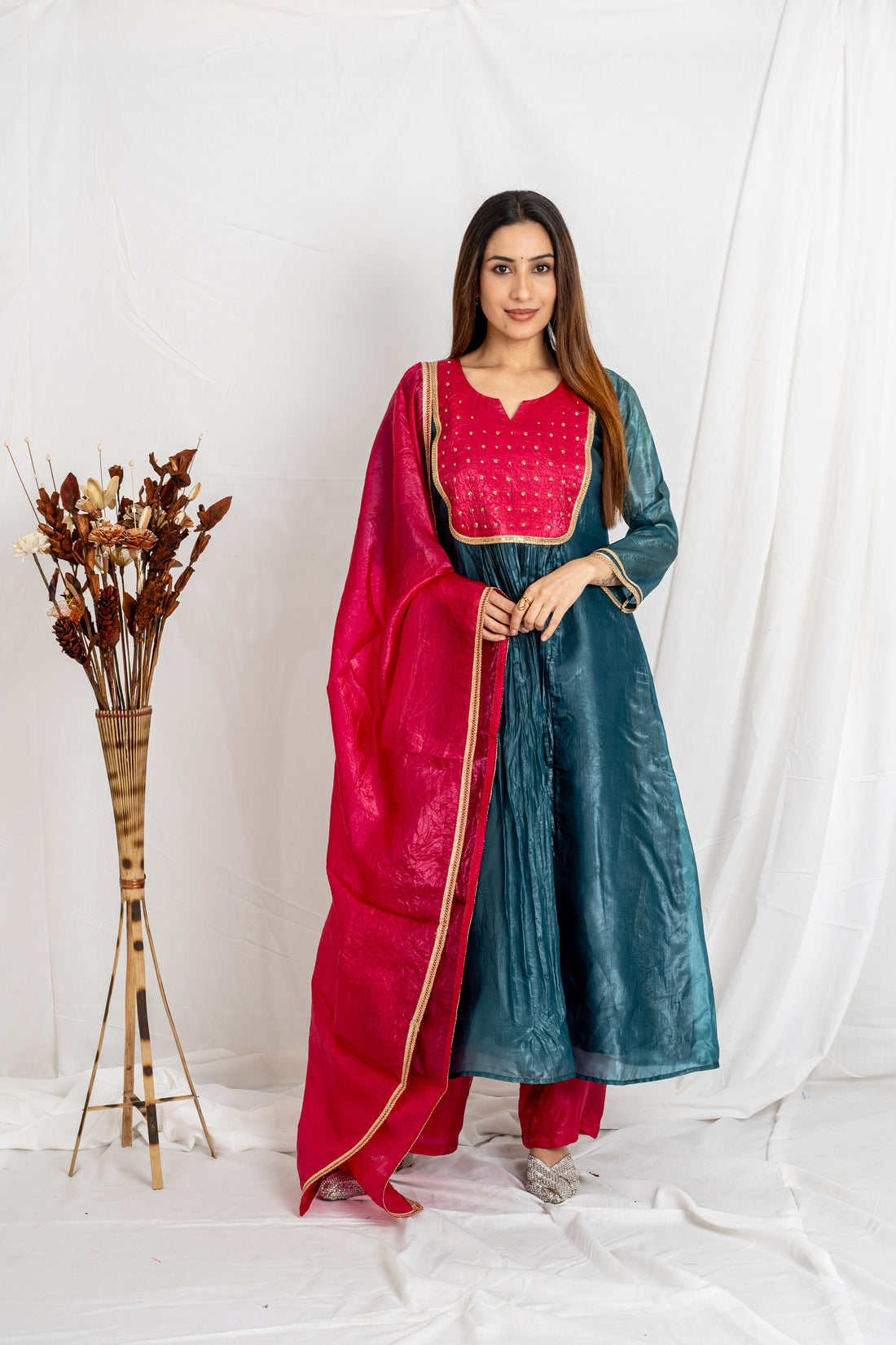 Malika Blue & Pink Gold Crush Top Bottom Dupatta Set for Women | Ethnic Festive Wear Noia