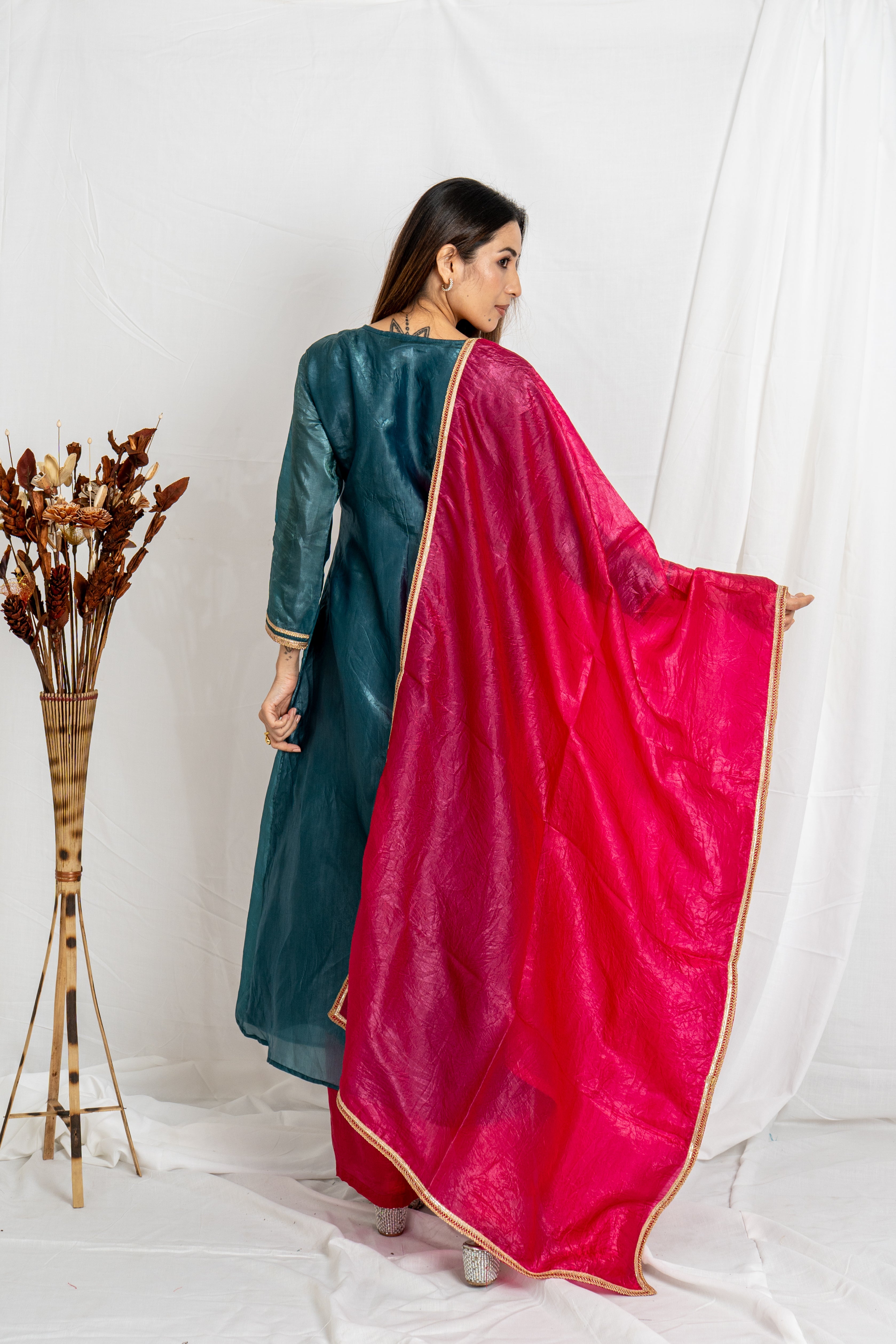 Malika Blue & Pink Gold Crush Top Bottom Dupatta Set for Women | Ethnic Festive Wear Noia