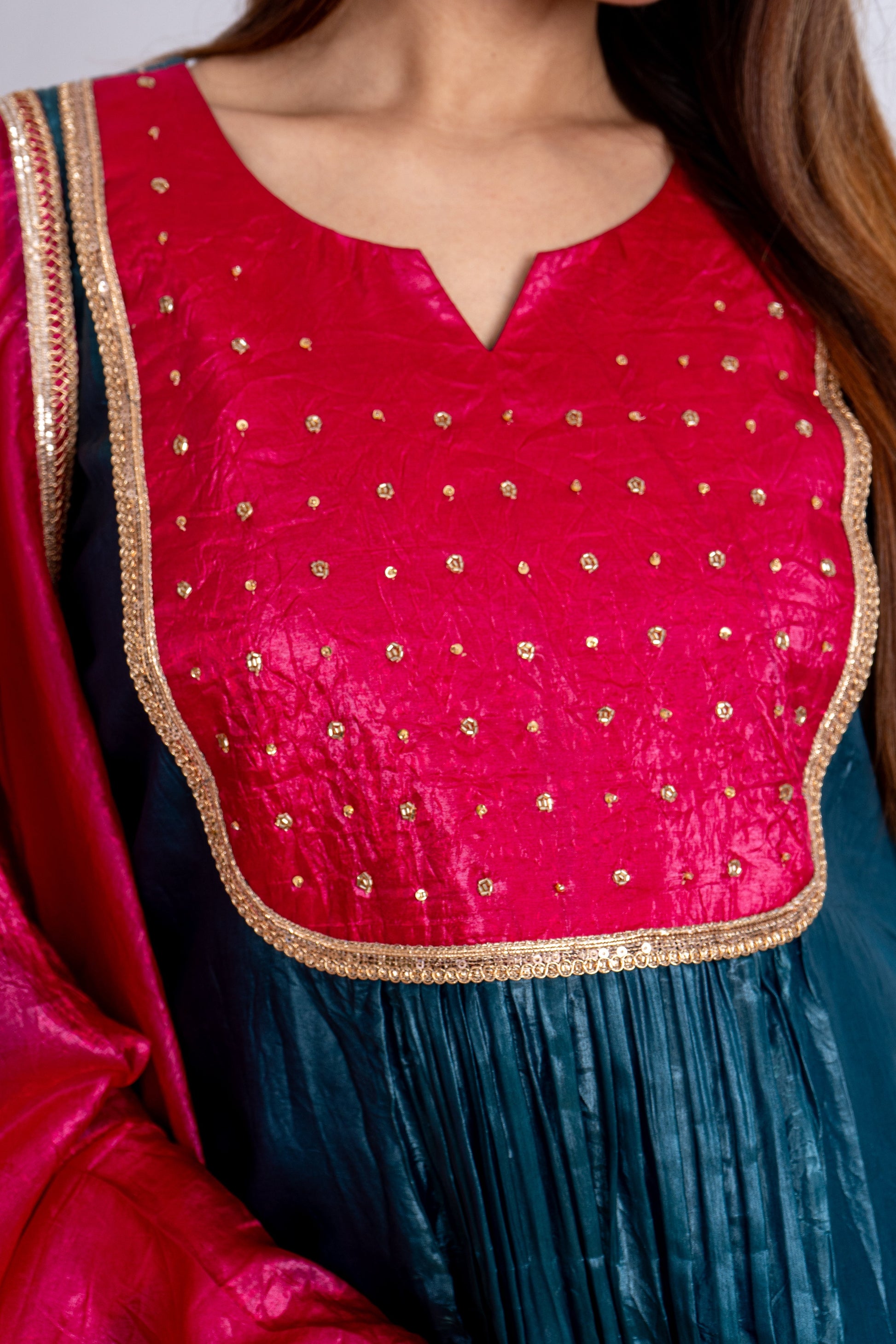 Malika Blue & Pink Gold Crush Top Bottom Dupatta Set for Women | Ethnic Festive Wear Noia
