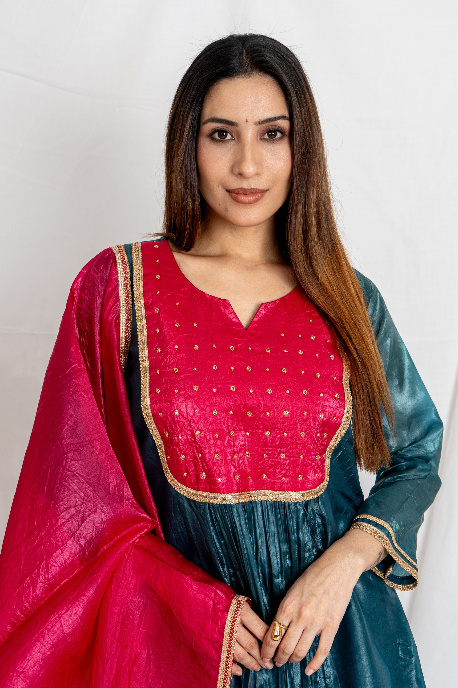 Malika Blue & Pink Gold Crush Top Bottom Dupatta Set for Women | Ethnic Festive Wear Noia