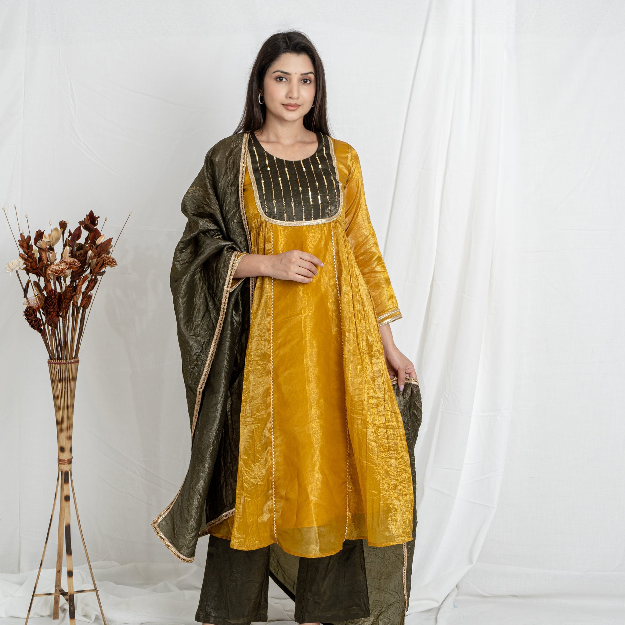 Malika Mustard Gold Crush Kurta Set with Olive Green Dupatta Noia