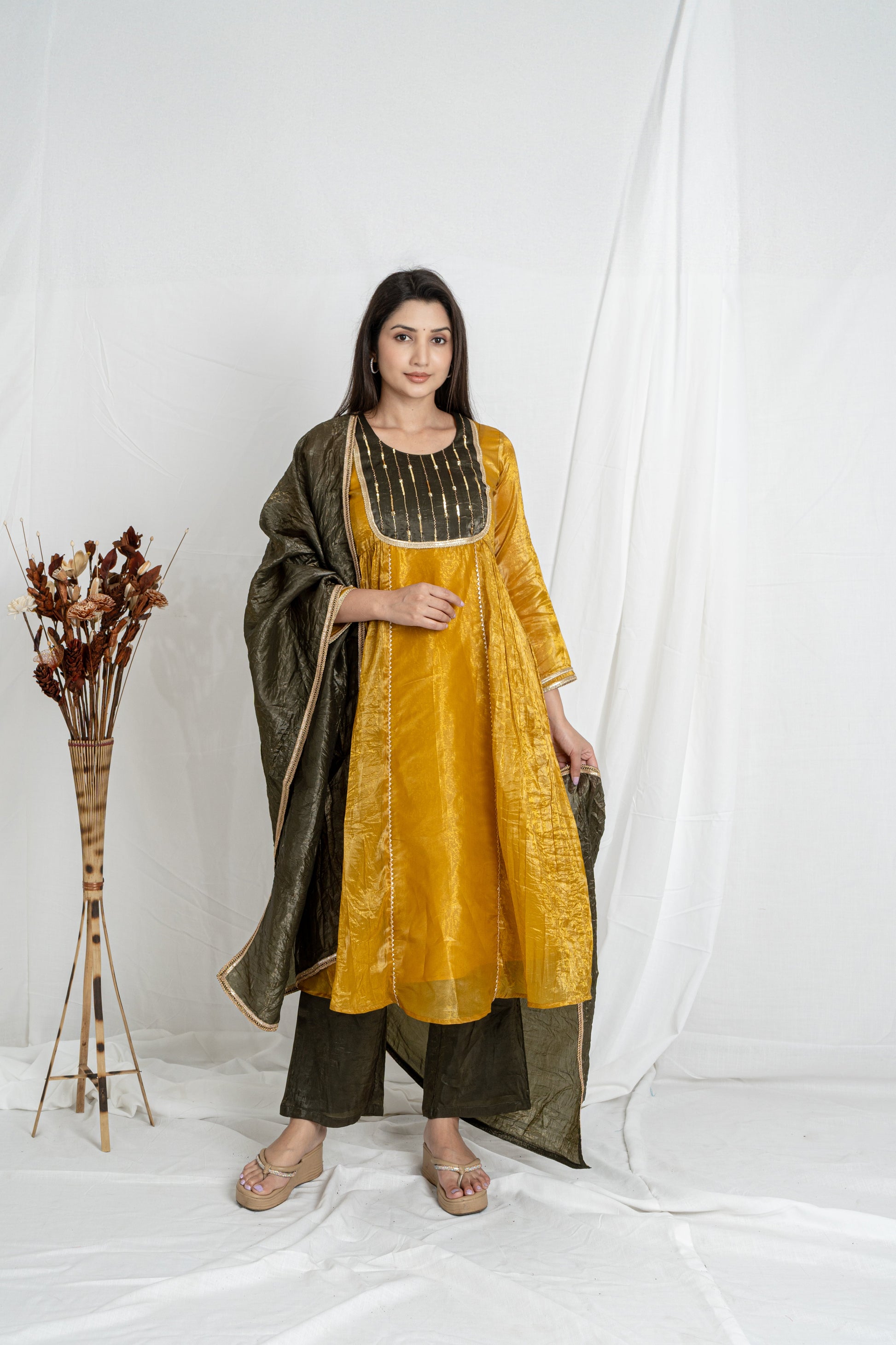 Malika Mustard Gold Crush Kurta Set with Olive Green Dupatta Noia