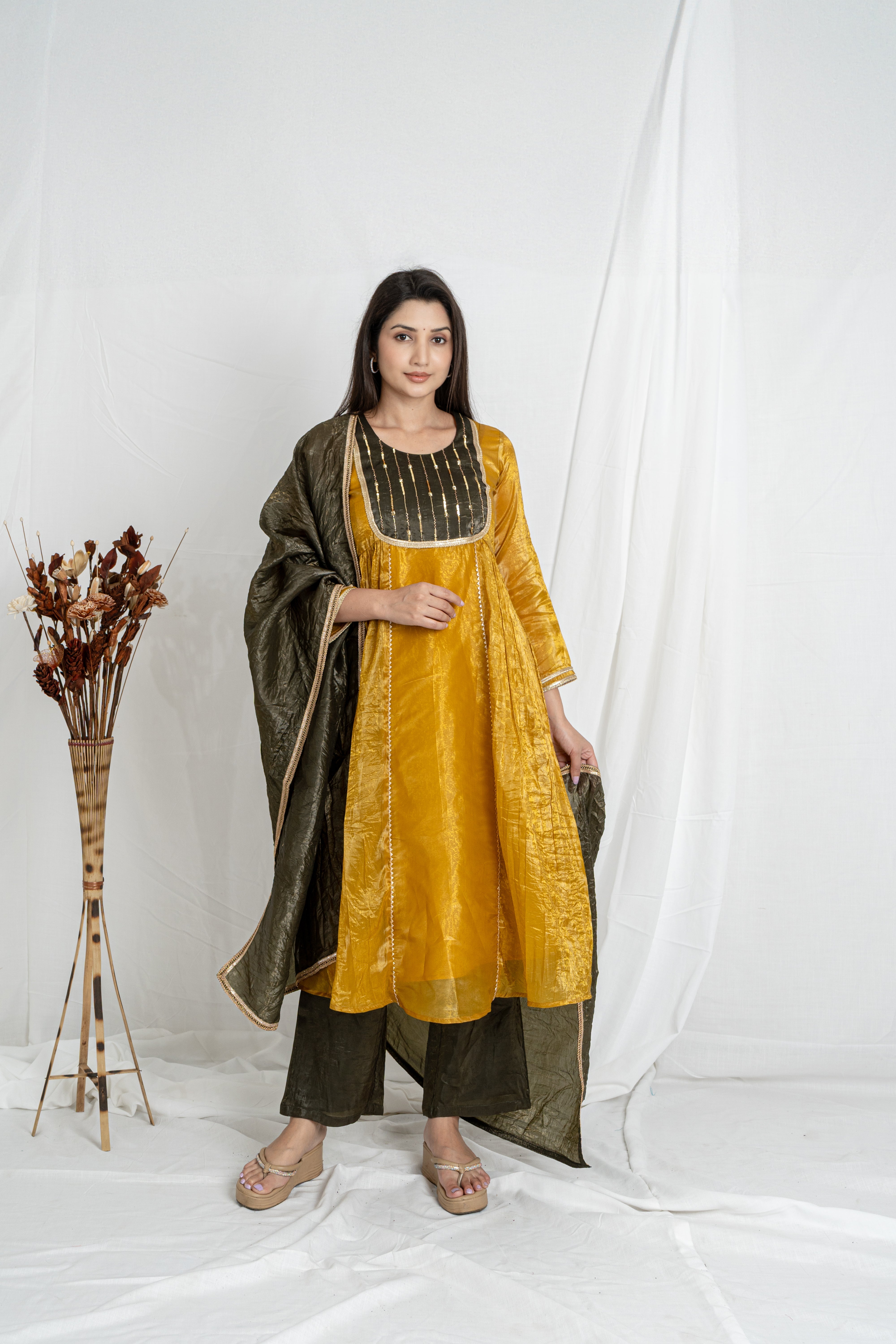 Malika Mustard Gold Crush Kurta Set with Olive Green Dupatta Noia