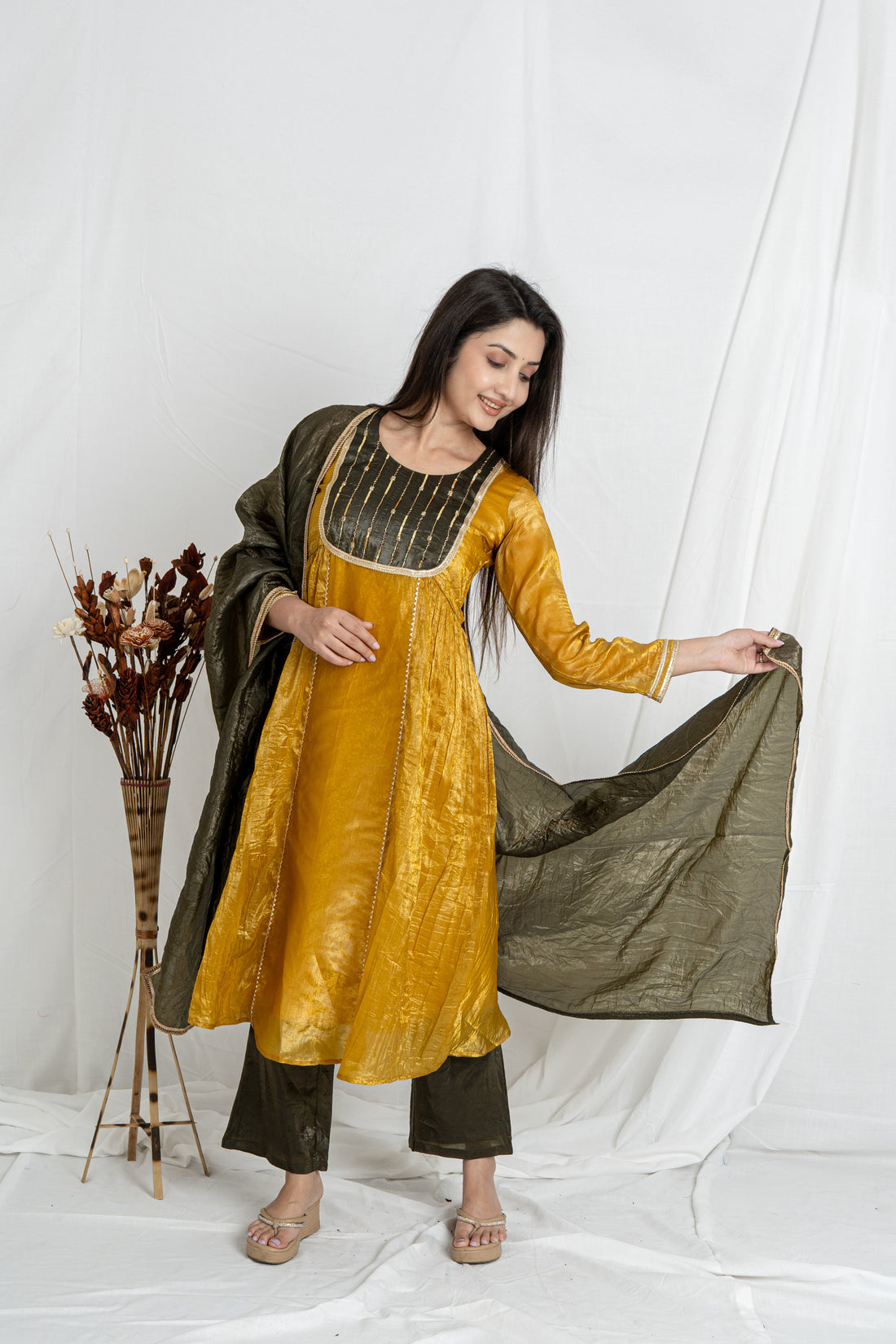 Malika Mustard Gold Crush Kurta Set with Olive Green Dupatta Noia