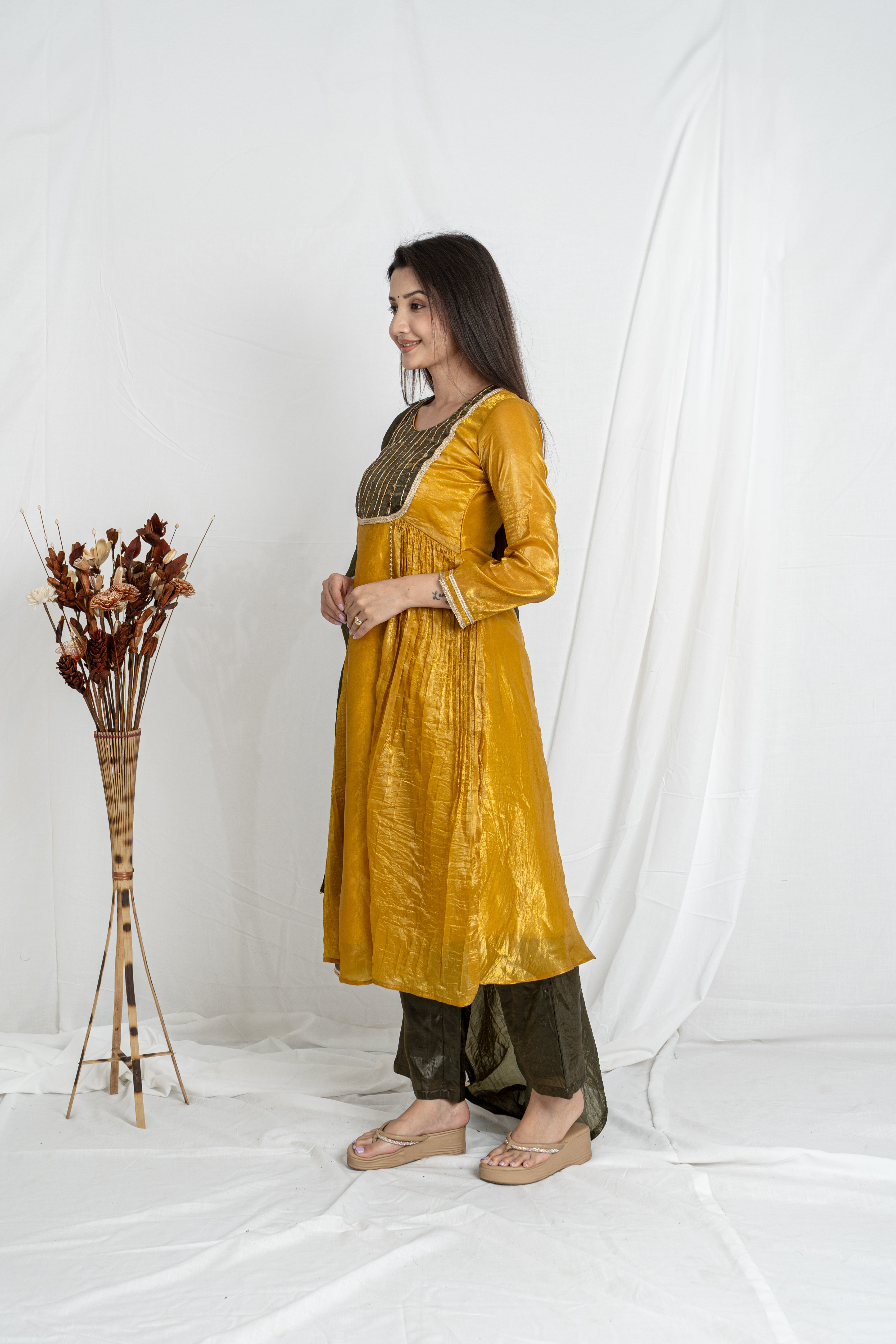 Malika Mustard Gold Crush Kurta Set with Olive Green Dupatta Noia