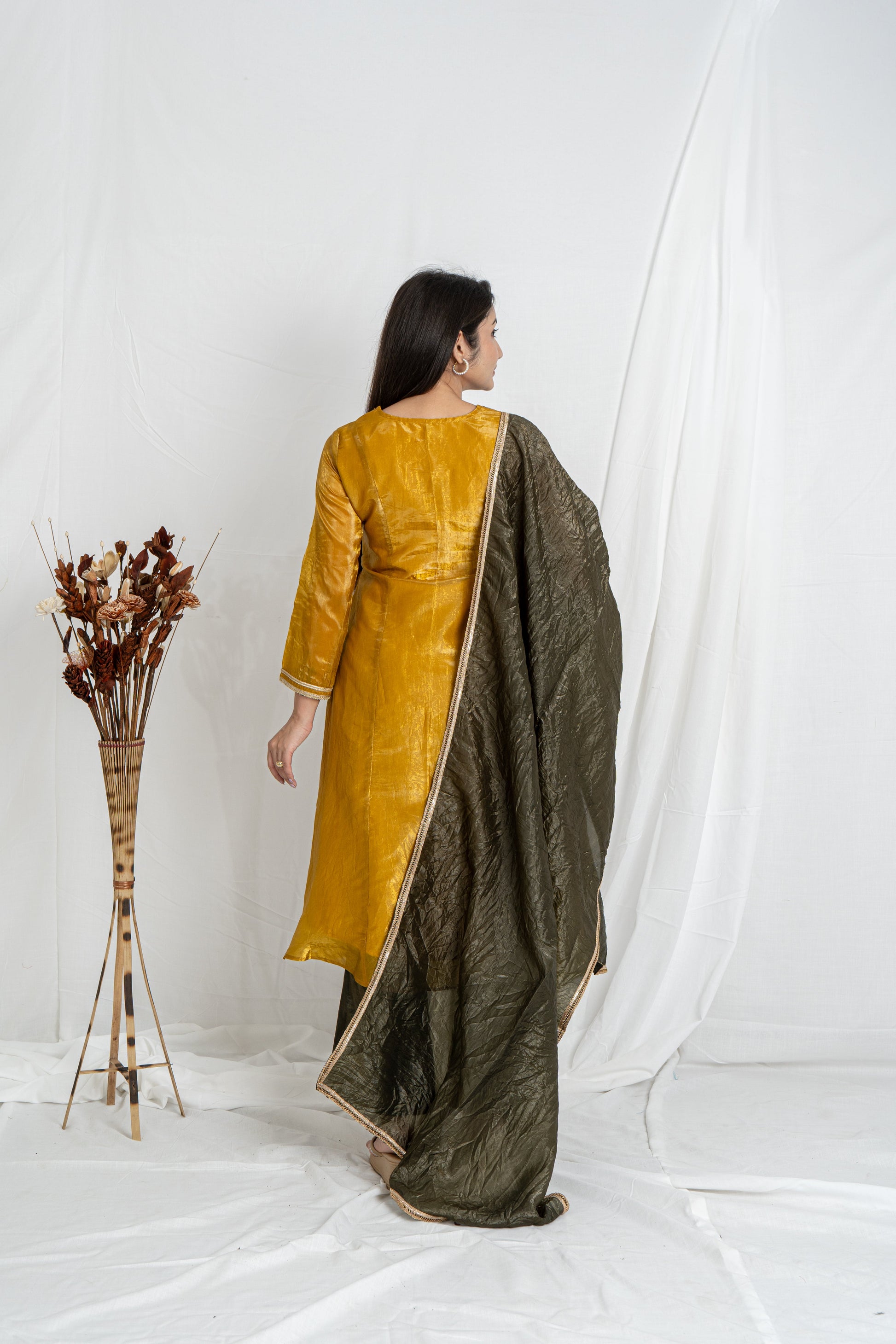 Malika Mustard Gold Crush Kurta Set with Olive Green Dupatta Noia