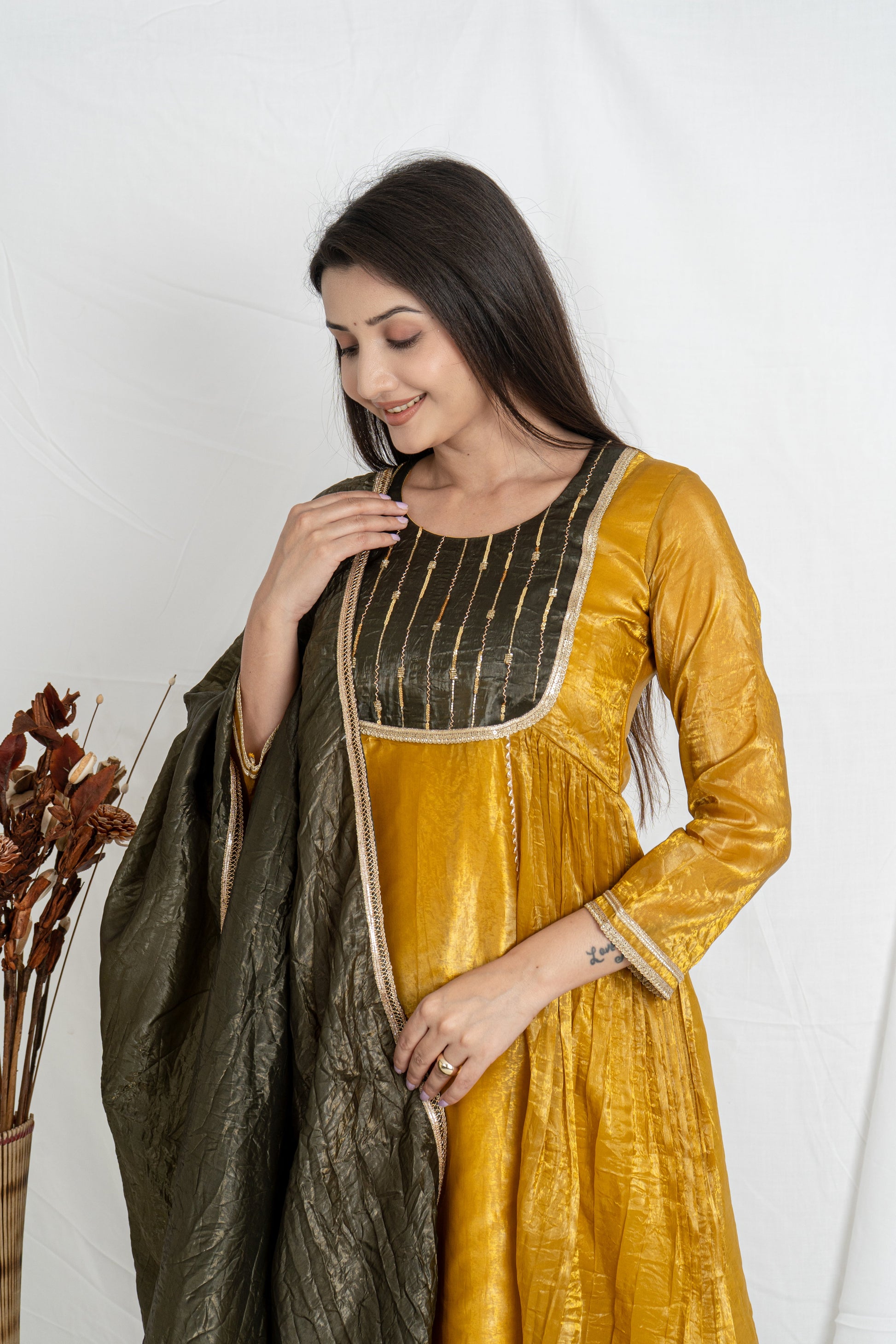 Malika Mustard Gold Crush Kurta Set with Olive Green Dupatta Noia