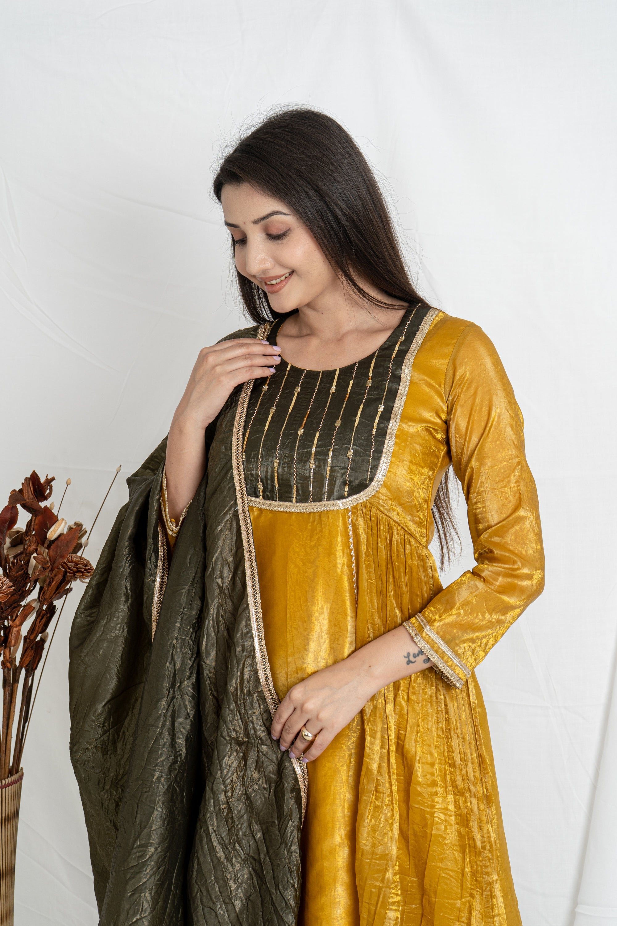 Malika Mustard Gold Crush Kurta Set with Olive Green Dupatta Noia