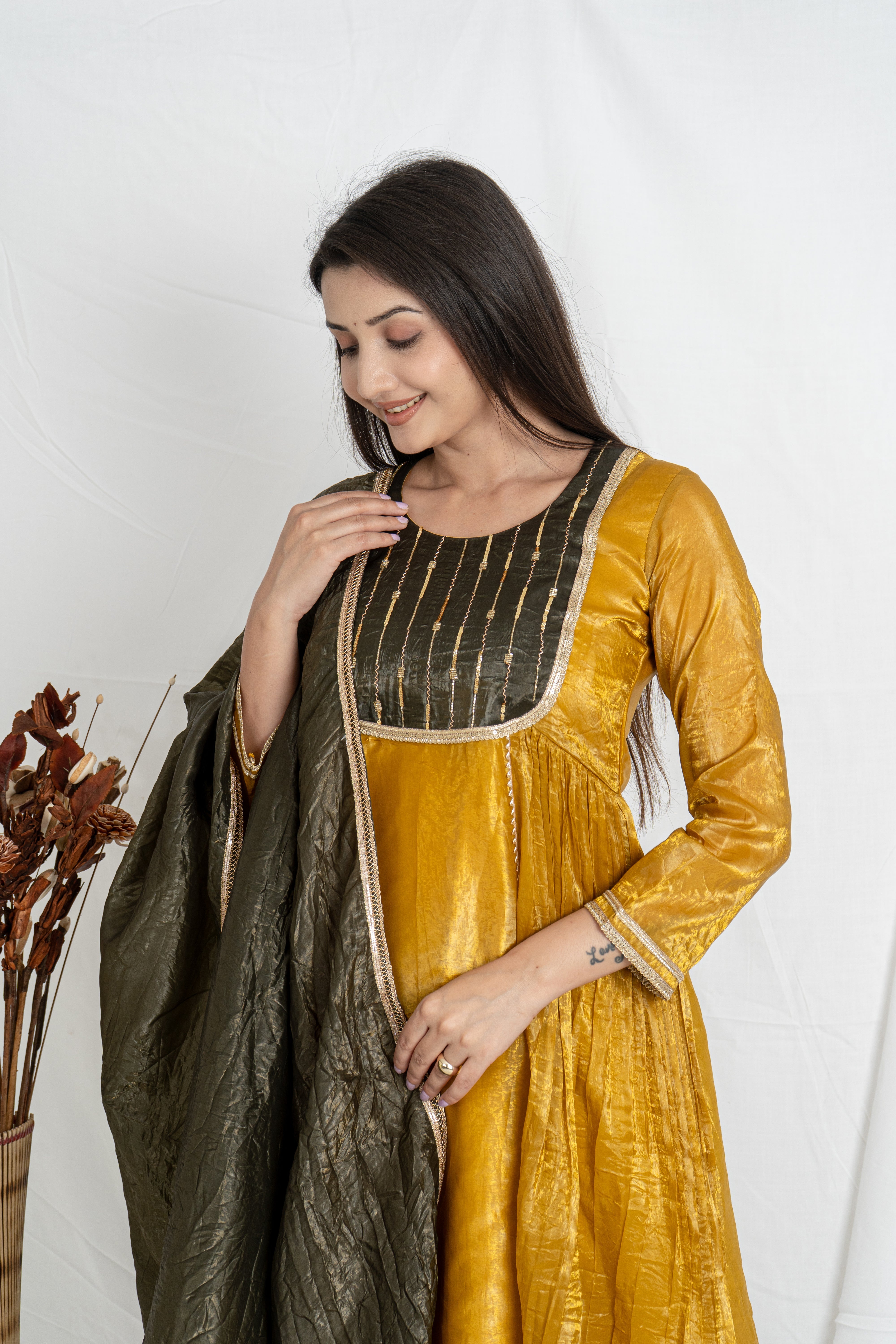 Malika Mustard Gold Crush Kurta Set with Olive Green Dupatta Noia