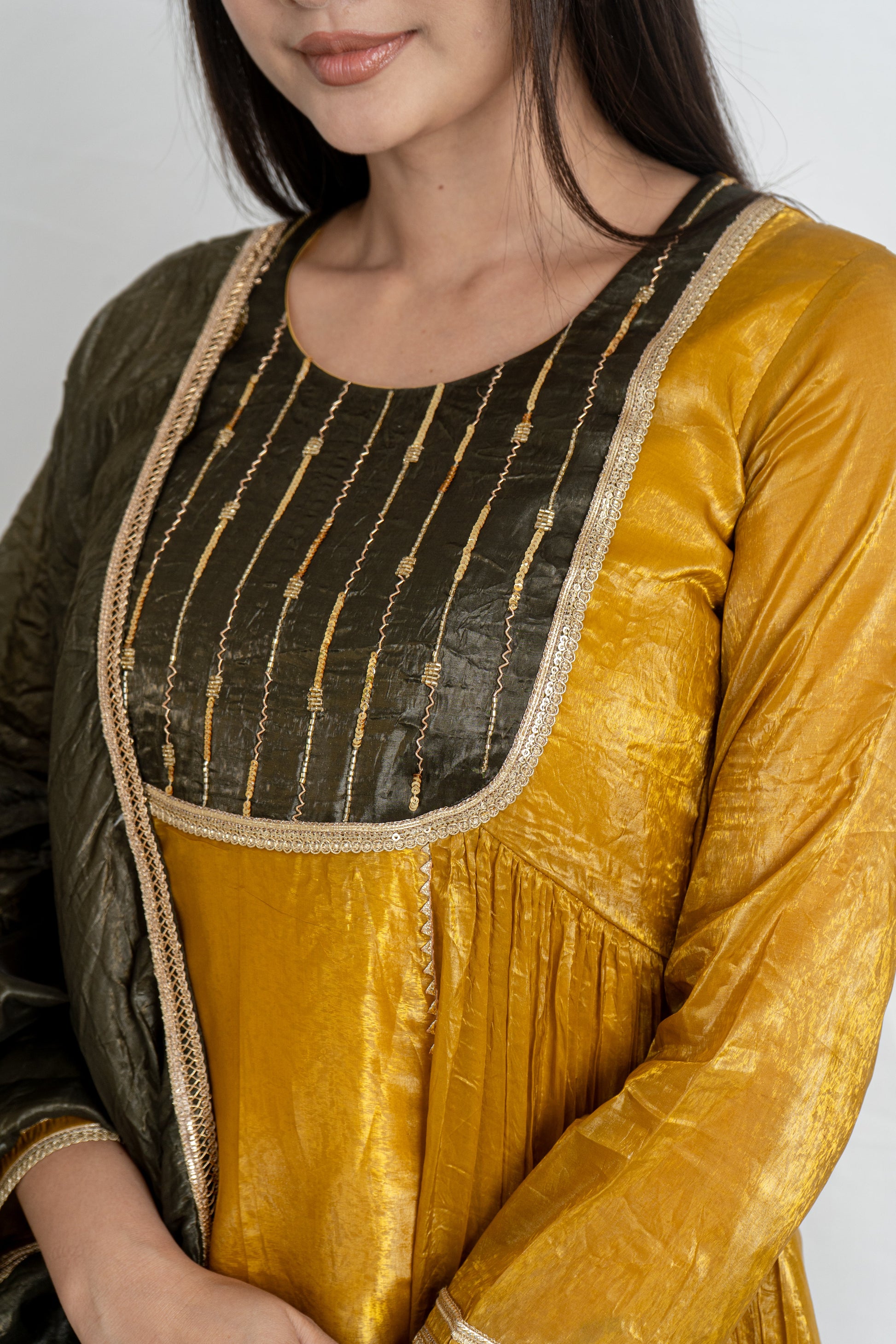 Malika Mustard Gold Crush Kurta Set with Olive Green Dupatta Noia