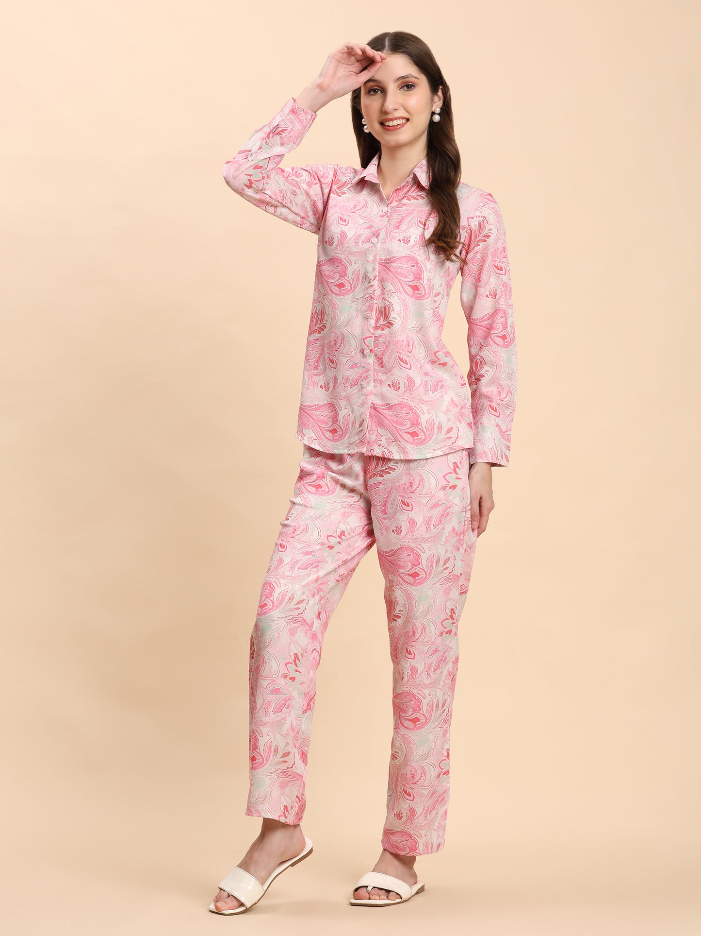 Noia Pink & White Paisley Shirt with Trousers