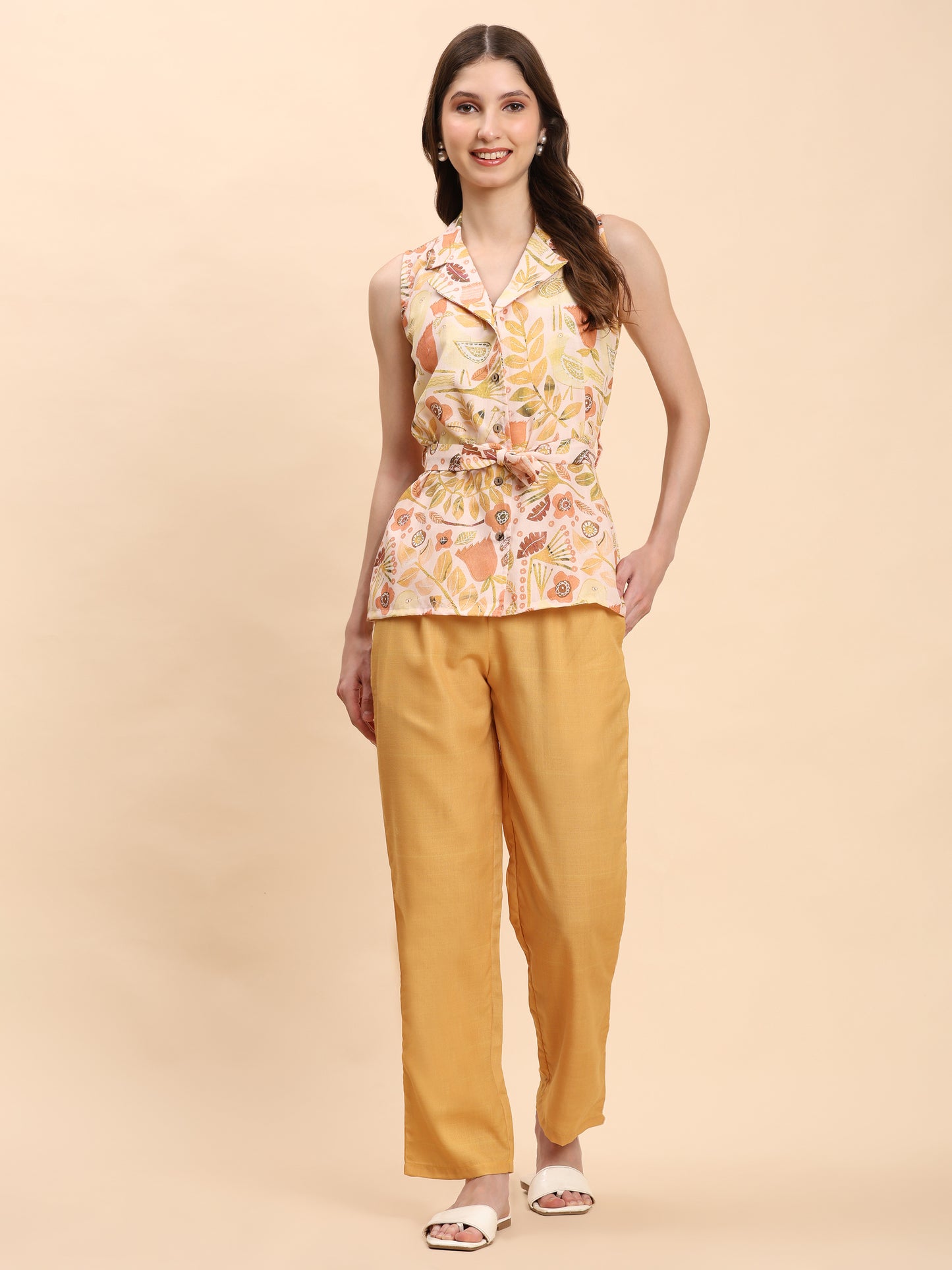 Noia Yellow Multi Abstract Floral Shawl Collared Top with Trousers