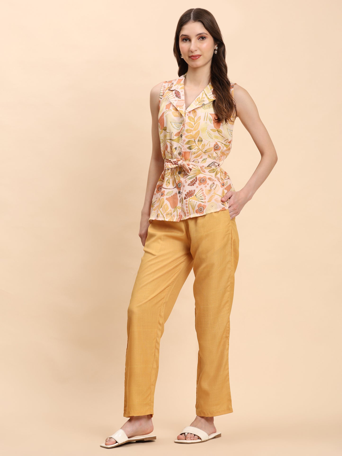 Noia Yellow Multi Abstract Floral Shawl Collared Top with Trousers