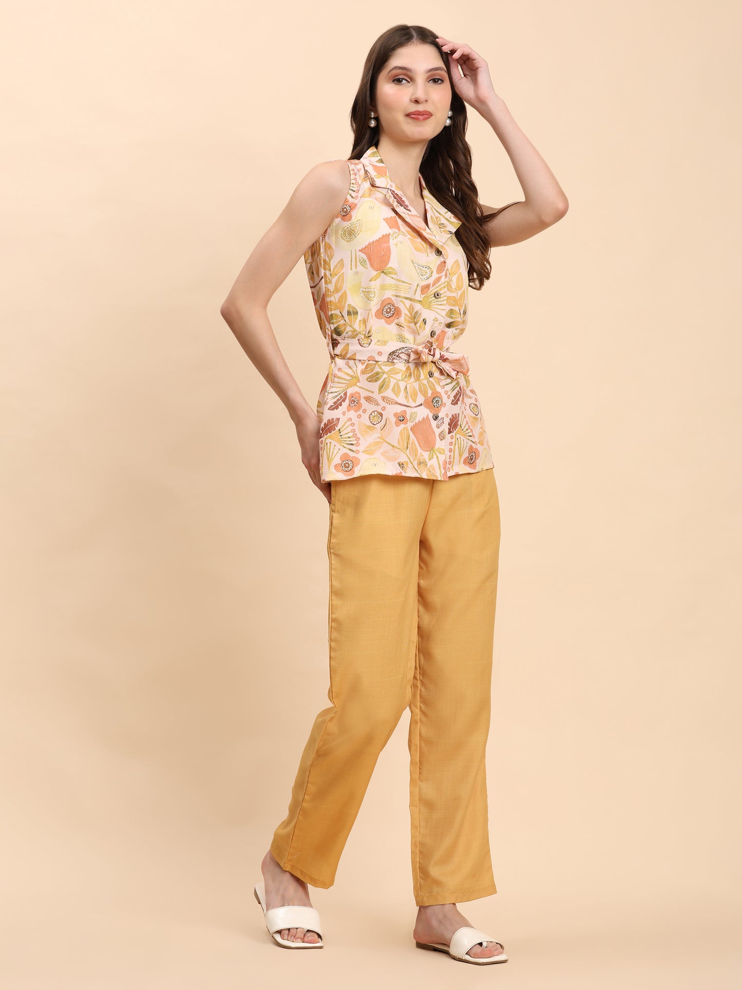 Noia Yellow Multi Abstract Floral Shawl Collared Top with Trousers
