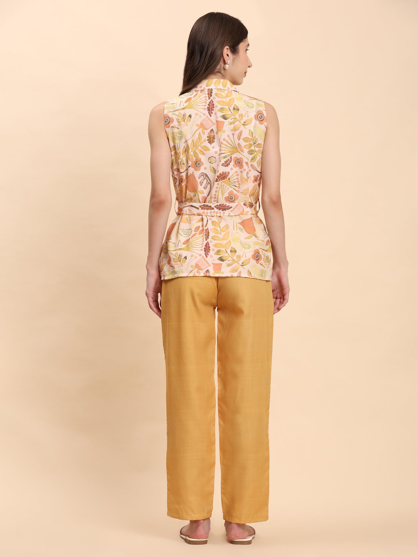 Noia Yellow Multi Abstract Floral Shawl Collared Top with Trousers