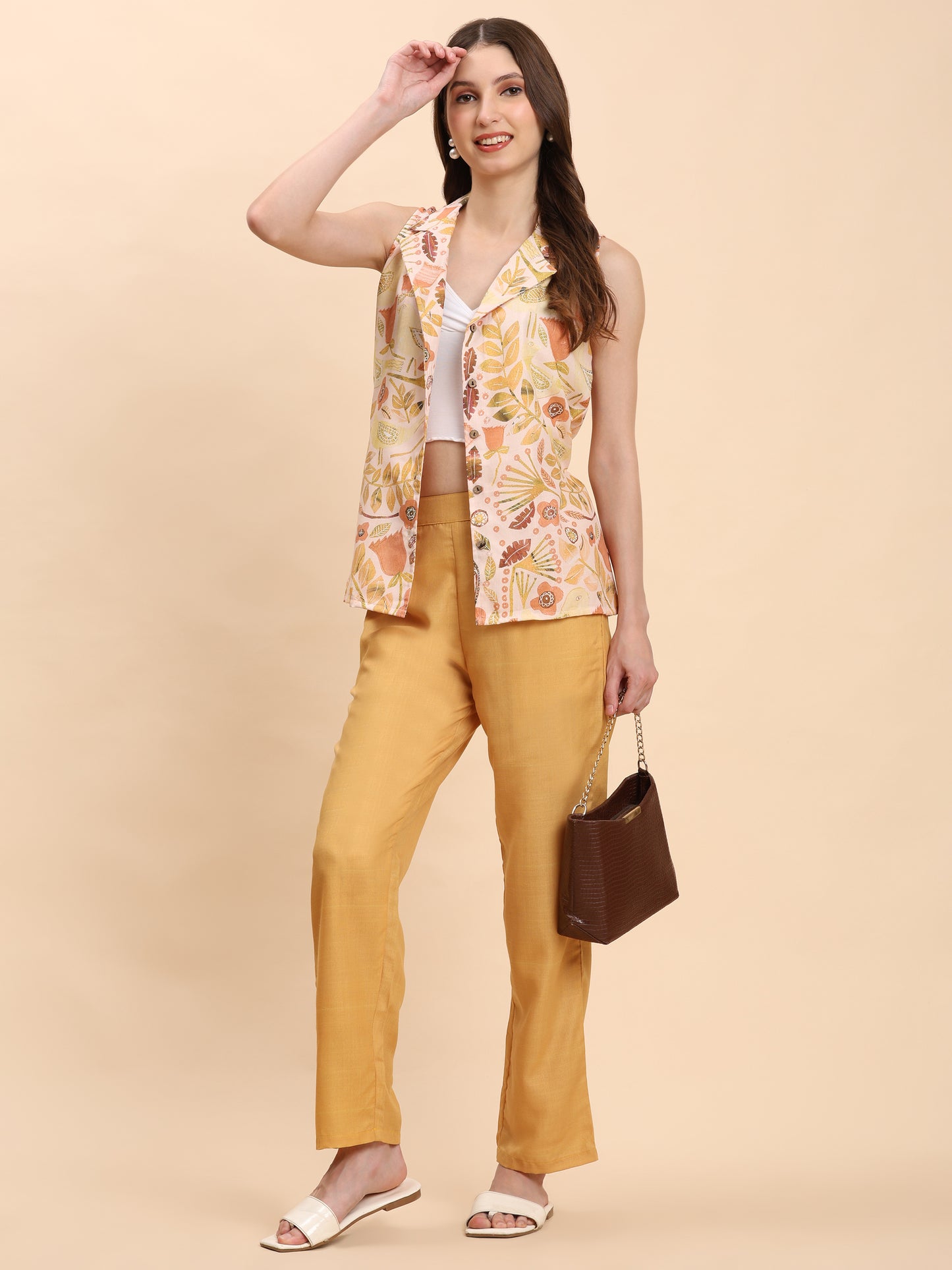 Noia Yellow Multi Abstract Floral Shawl Collared Top with Trousers