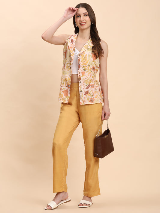 Noia Yellow Multi Abstract Floral Shawl Collared Top with Trousers
